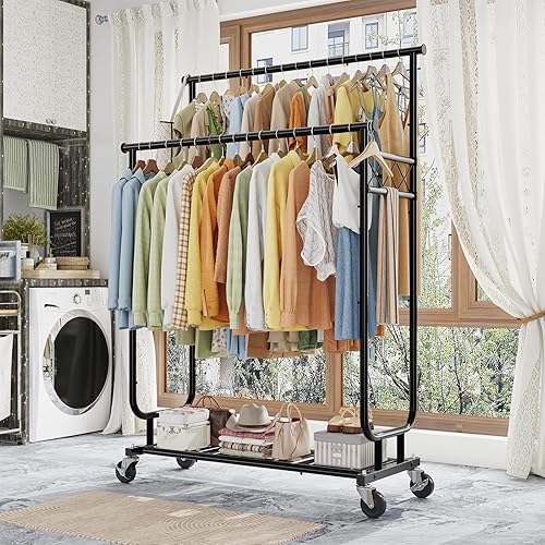 Miniatura 2 de Estante para ropa Ekisemio con capacidad de carga de 450LBS, estante resistente para ropa con ruedas, estantes enrollables para colgar ropa,