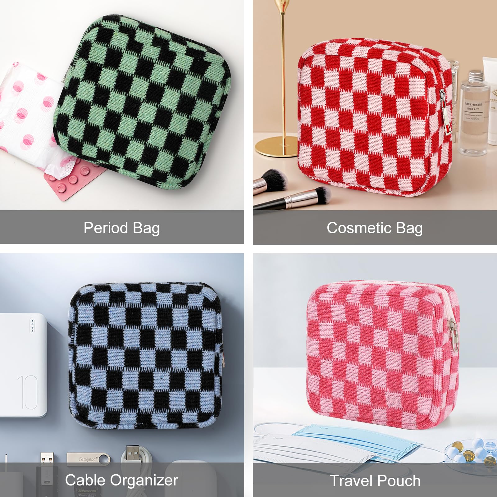 Bolsa de almacenamiento de servilletas sanitarias, bolsa con cremallera para almohadilla menstrual a cuadros, bolsa de almacenamiento de tampones para adolescentes, niñas, mujeres, mujeres, uso