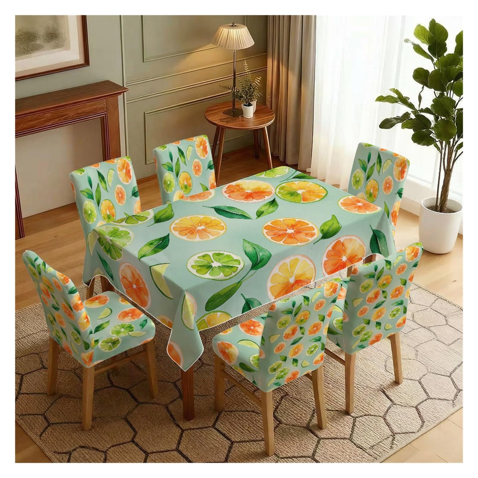 Nappe et housses de chaise tranches d'agrumes lavables pour salle à manger