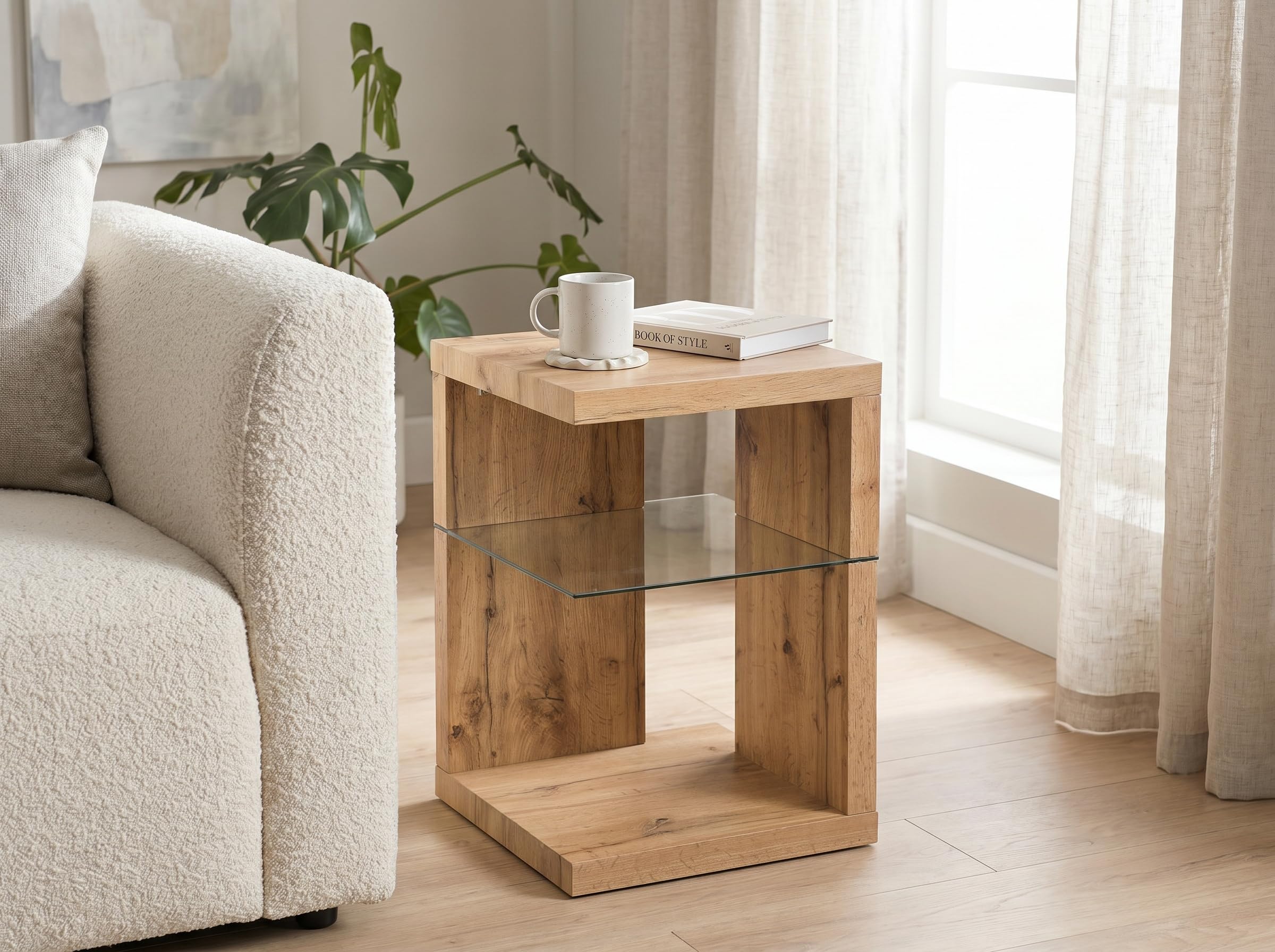 M2 Kollektion Domingo Beistelltisch/Nachttisch I Modernes Design I MDF mit Wildeiche-Dekor I Zusätzlicher Stauraum I Sicherheitsglas, 40x40x60 cm I Vielseitig einsetzbar
