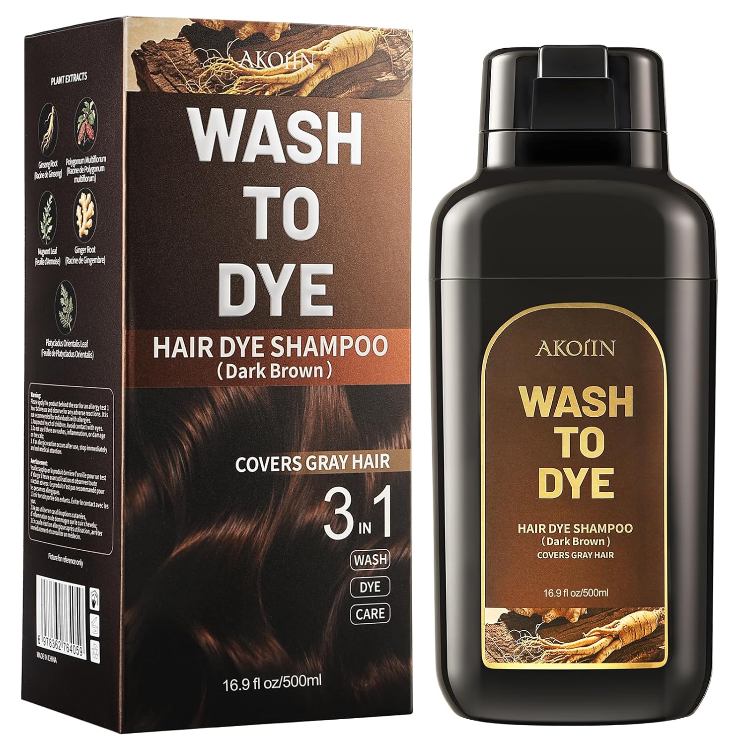 AKOIIN Hair Dye Shampoo for Gray Hair, 30-Minute Hair Color for Men & Women, Ammonia-Free, Gentle on Scalp, Dark Brown, 500ml / 17.6 fl oz