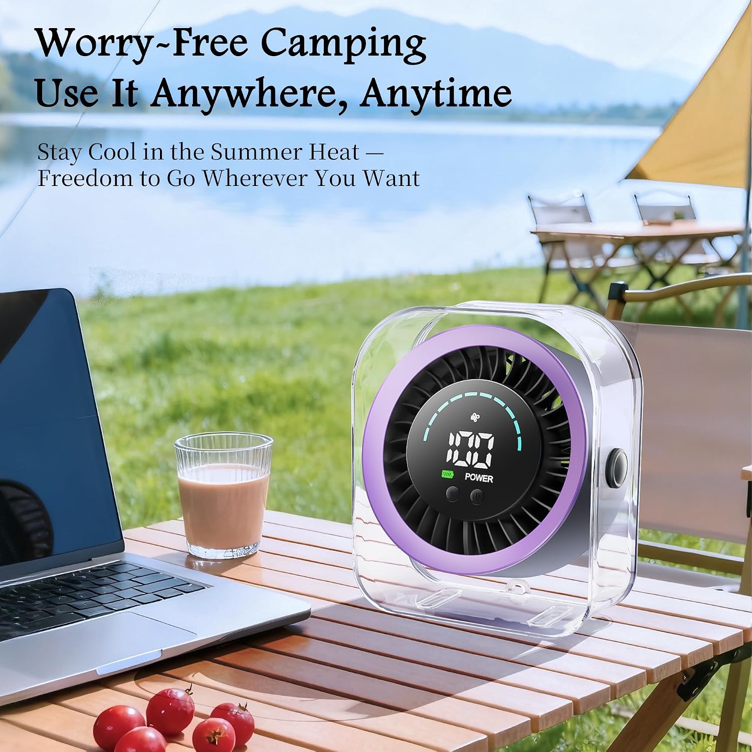 Desk Fan 100-Speed, 3000mAh Rechargeable Fan, LED Display, Ultra-Quiet 30dB, 7-Blade Motor, Wall Mount, Type-C, Portable Fan for Bedroom Office Kitchen Camping (Purple)