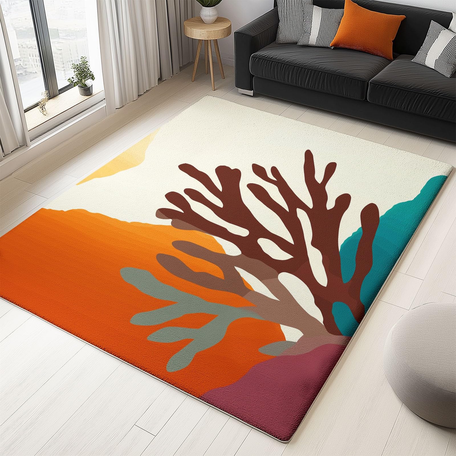 Tapis entree interieur beige motif plante corail pour décorer la chambre