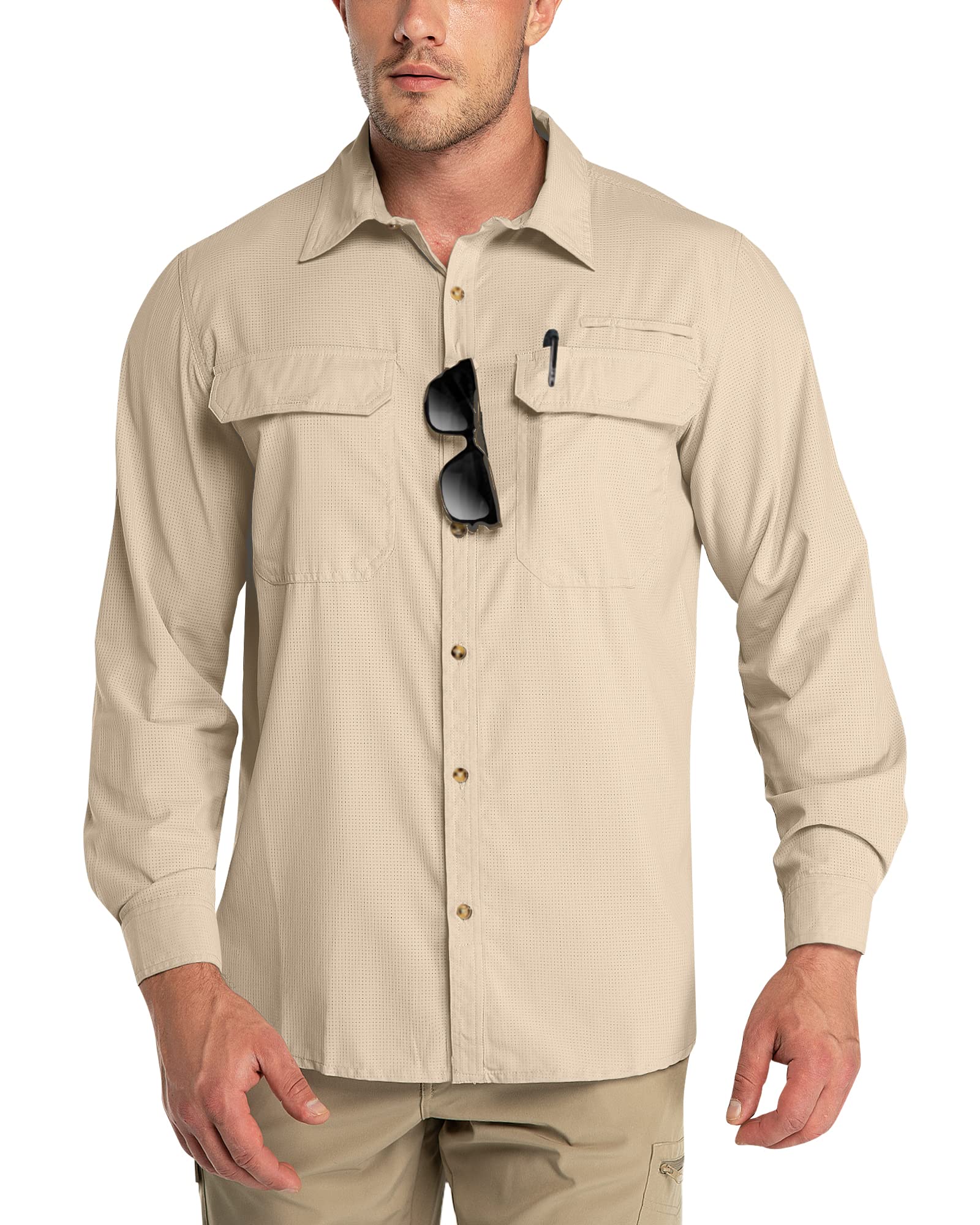 Outdoor Ventures Camisa de manga larga para hombre, camisa funcional para exteriores, de secado rápido, informal, transpirable, caqui, XXL