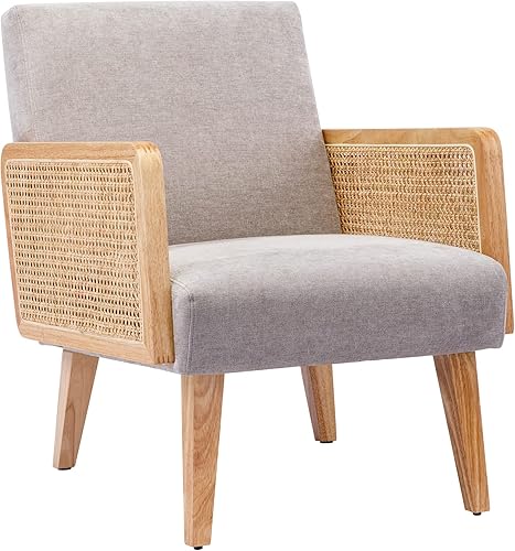 Miniatura 10 de Duhome - Silla decorativa tapizada para sala de estar con reposabrazos de ratán y patas de madera, de tela moderna de mediados de siglo, cómodos