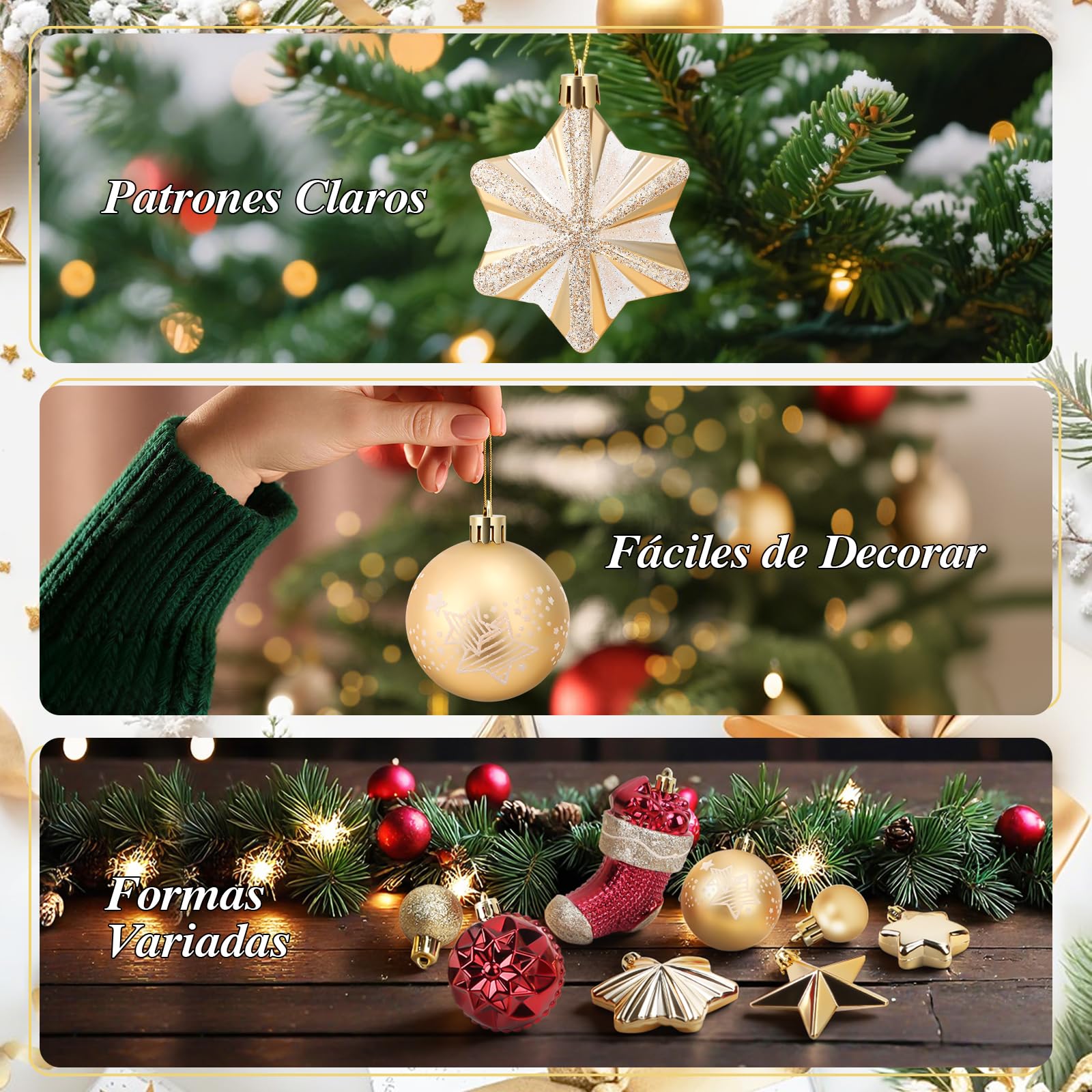 JONRRYIN Juego de 70 Bolas de Navidad de plástico, con luz LED, Punta de árbol, Estrella, pequeñas Bolas de Navidad, para Interior y Exterior