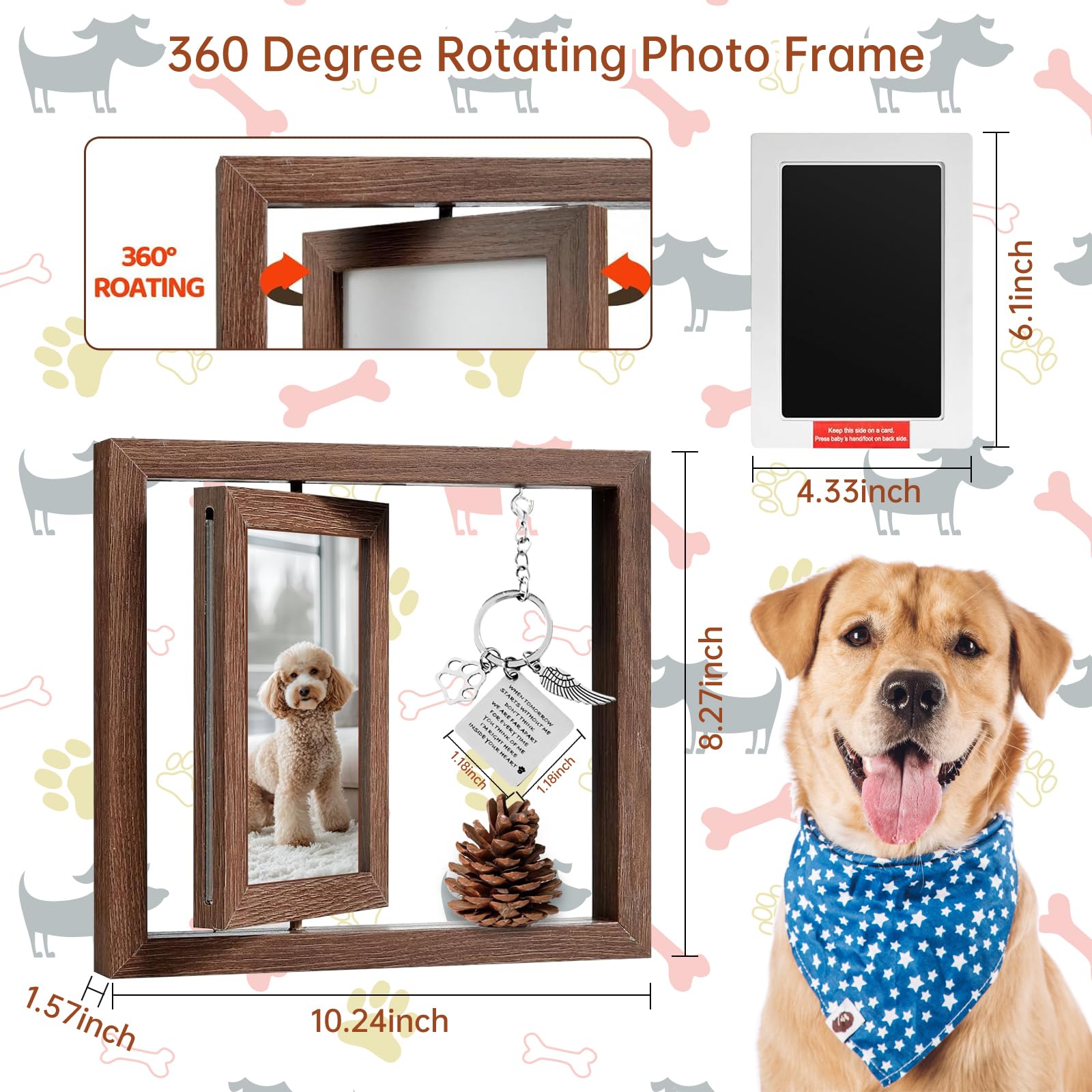 GO2HEJING Pet Memorial Gifts for Dogs Cats, Dog Memorial Rotating Wooden Picture Frame for 4x6 Photo, Dog Bereavement Remembrance Picture Frame With Pet Paw Print Kit, Loss of Dog Sympathy Gift