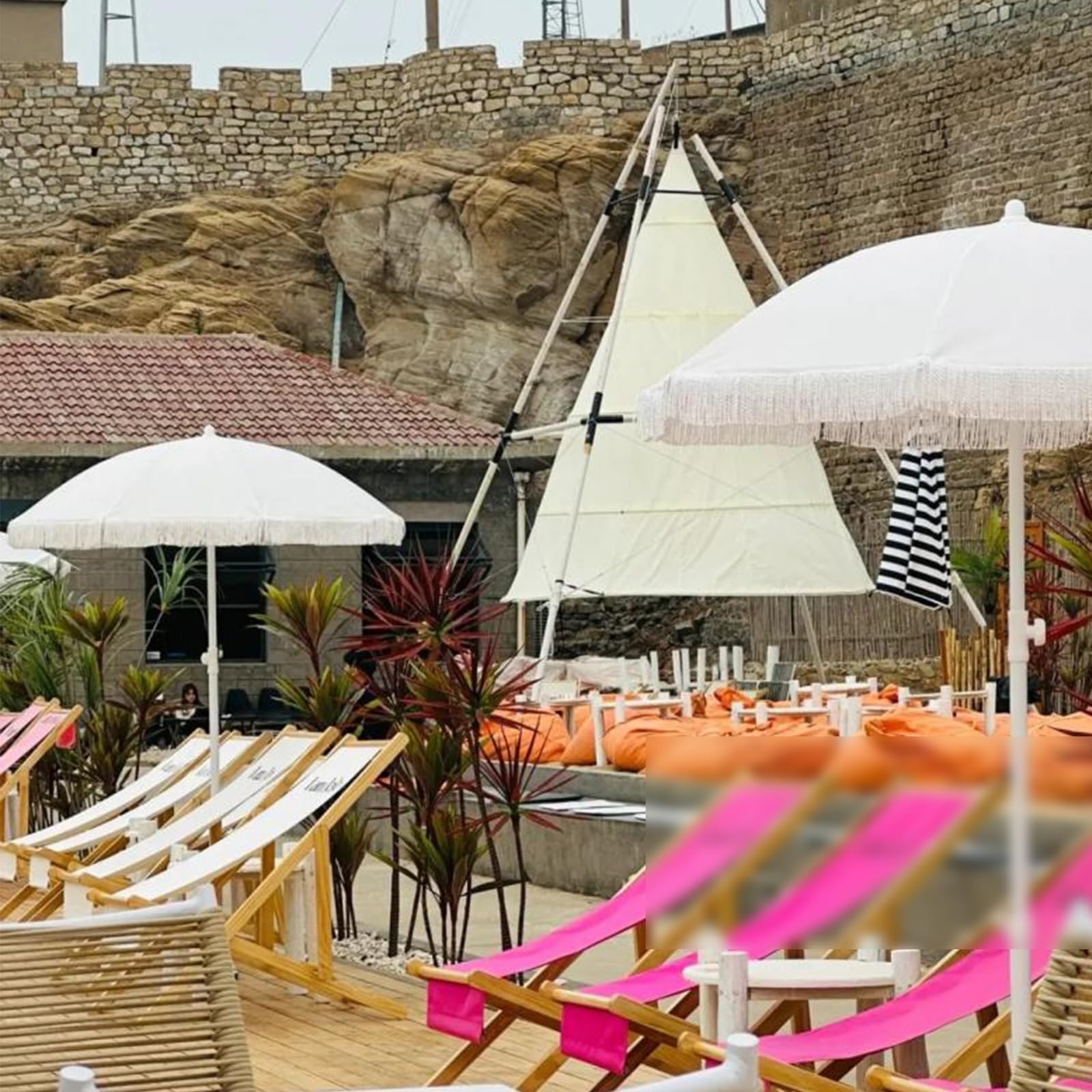 Frange Parasol Plage Blanc Parasol De Jardin Extérieur 140cm Parasol De Terrasse Inclinable Parasol De Plage Anti UV50+ Parasol Balcon 8 Côtes Portable Parasol De Marché