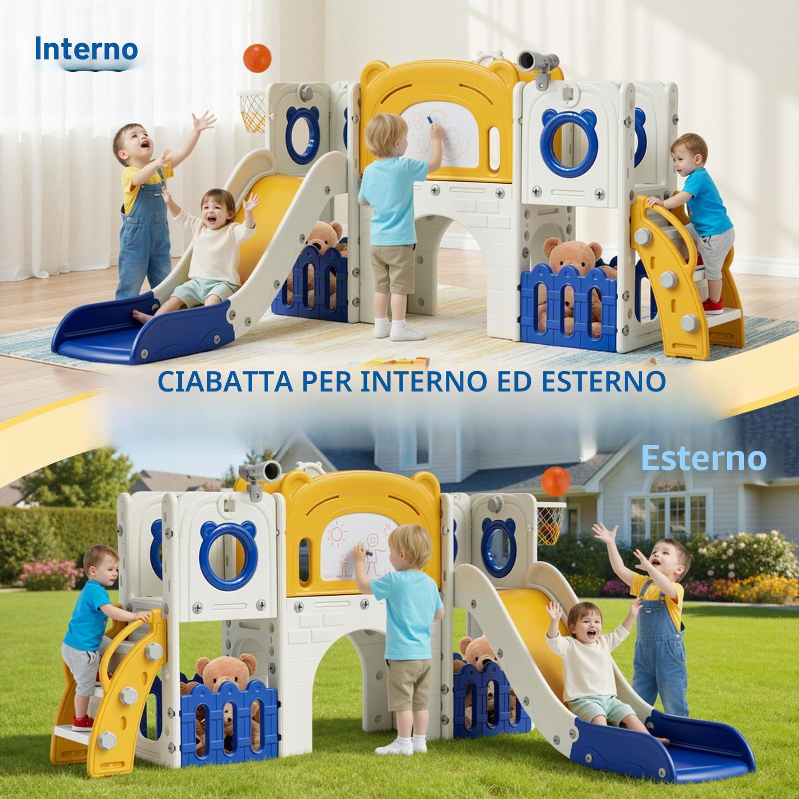 MAMIZO 10 in 1 Scivolo per Bambini, Scivolo Giocattolo da Interno o Esterno Canestri da Basket e Telescopi, Scivolo da Giardino Spazio di Deposito e Tunnel, mit 4PCS Moduls, Blu Giallo
