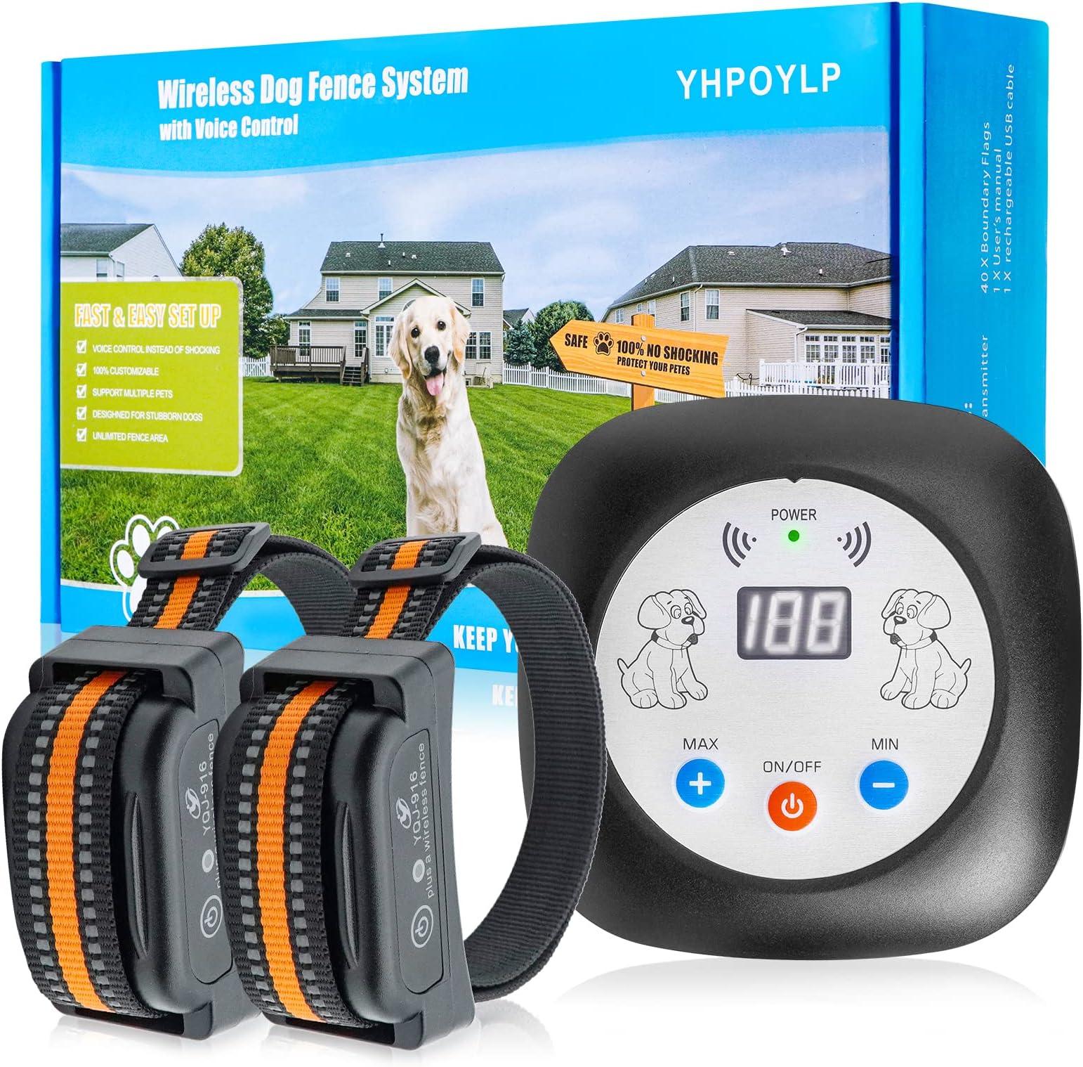 YHPOYLP Wireless Dog Fence System for 2 Dogs,Play and Stay Electric Dog Training System,Waterproof,Rechargeable and Effective,Suitable for Multi-Dog Families