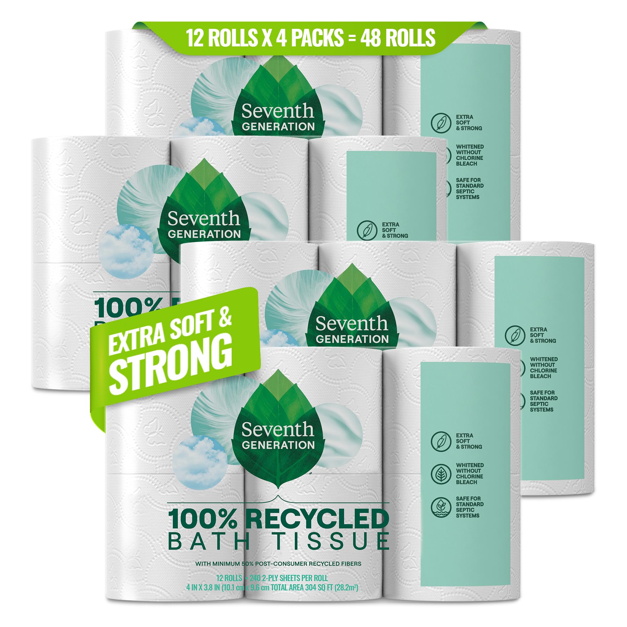 Toilet Paper Recycled Bath Tissue 4-Pack 100% Recycled Paper 2-ply without Chlorine Bleach 12 Rolls