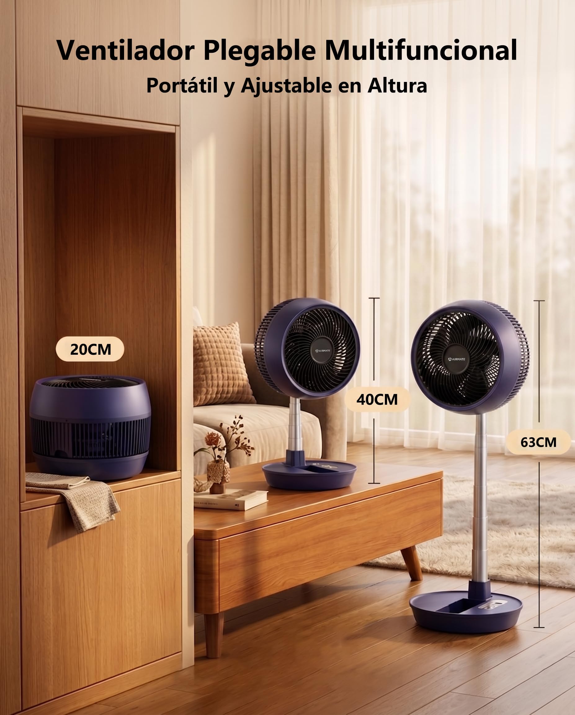 AIRMATE 63cm Ventilador de Pie Silencioso, Ventilador Potente con Ajustable y DiseñO Plegable 90°+170°, 8 Velocidades 8h Control Remoto 30db Ventilador de Suelo Ideal TambiéN Para Uso En Escritorio