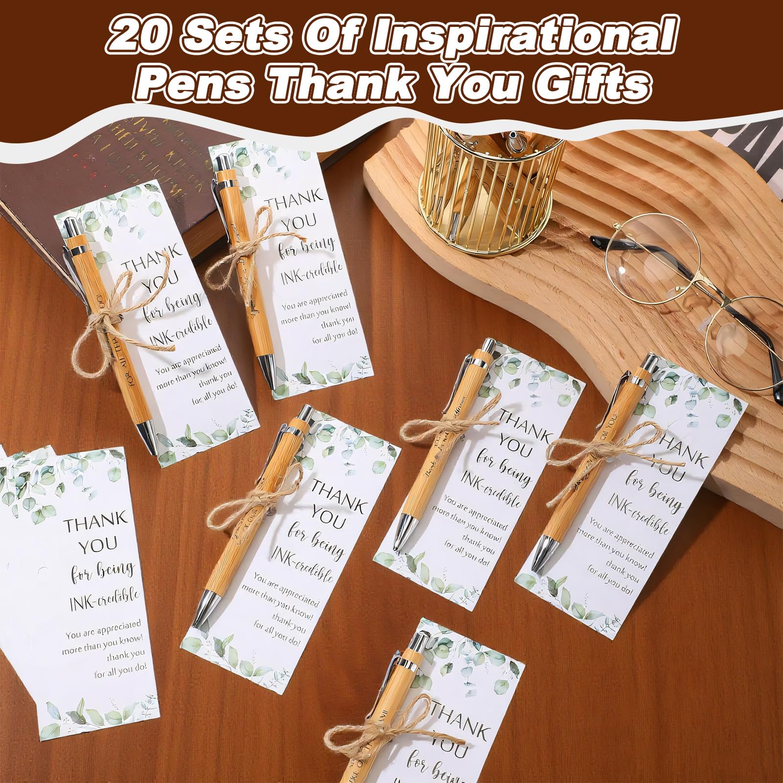 Aurobest 20 Sets Thank you Gifts with Cards & Organza Bag, Bamboo Ballpoint, Inspirational Personalised Pens, Motivational Gift Set for Appreciation Employee, Colleagues, Teacher, Volunteer, Coworker - Image 2