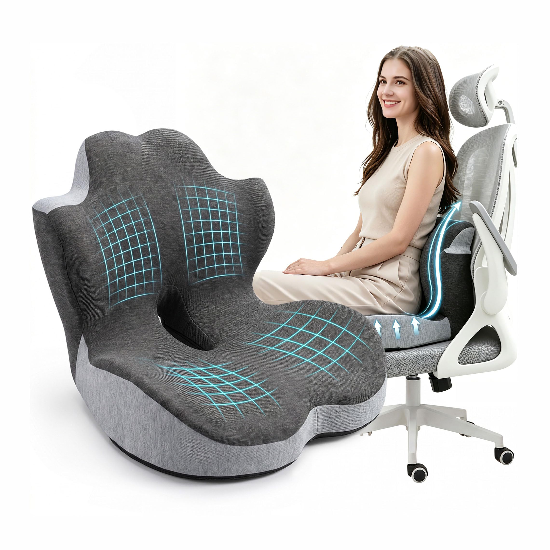 Cuscino per sedile in memory foam, cuscino 2 in 1 per sedile e supporto lombare, cuscino ergonomico per auto, cuscino per il coccige, per dolore al coccige, per ufficio, casa, sedia a rotelle