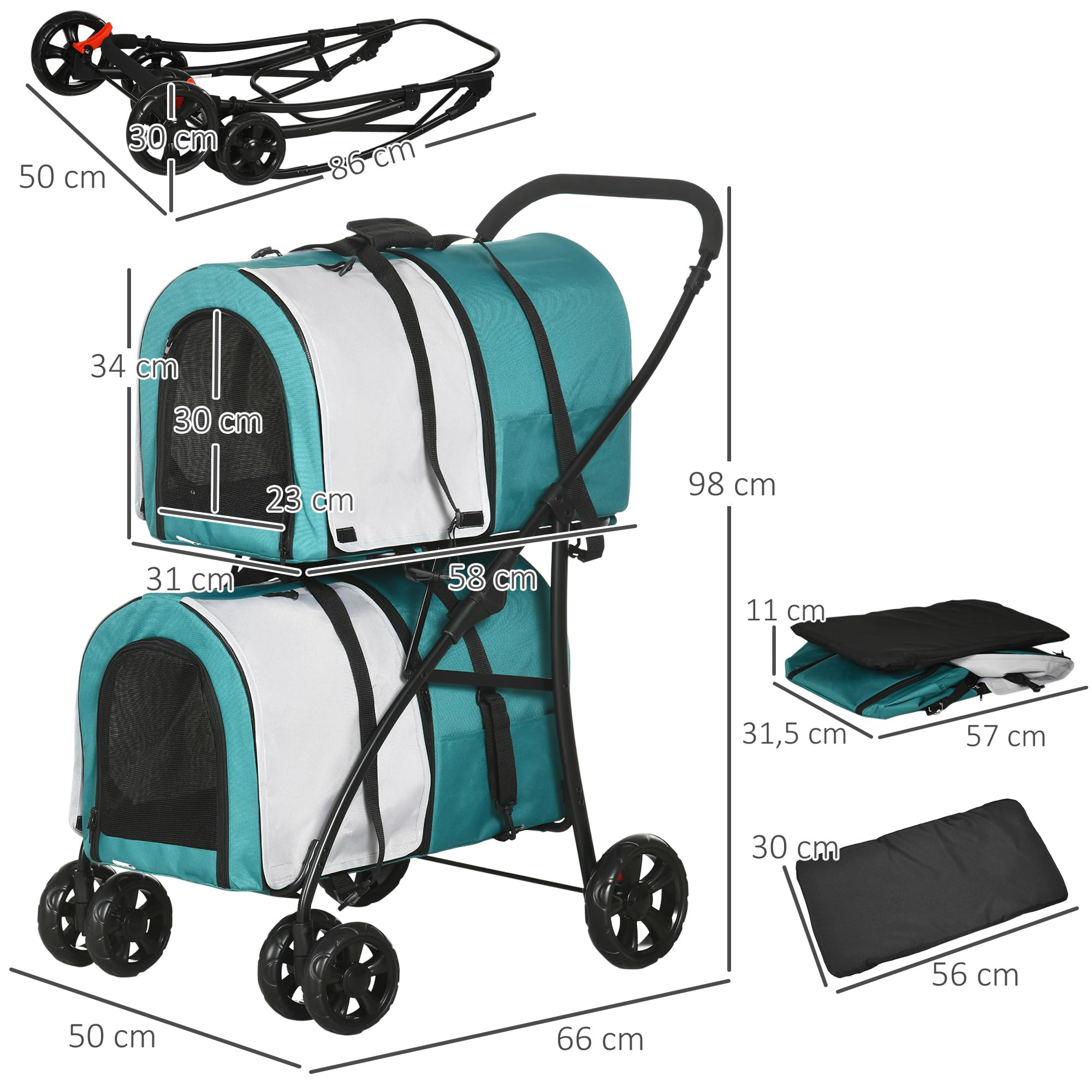 PawHut Carrito Doble para Perros Gatos Cochecito Plegable para Mascotas con 2 Transportines Extraíbles Cinturón de Seguridad Bolsillos Laterales y 2 Cojines Cada Carga 10 kg 66x50x98 cm, Verde