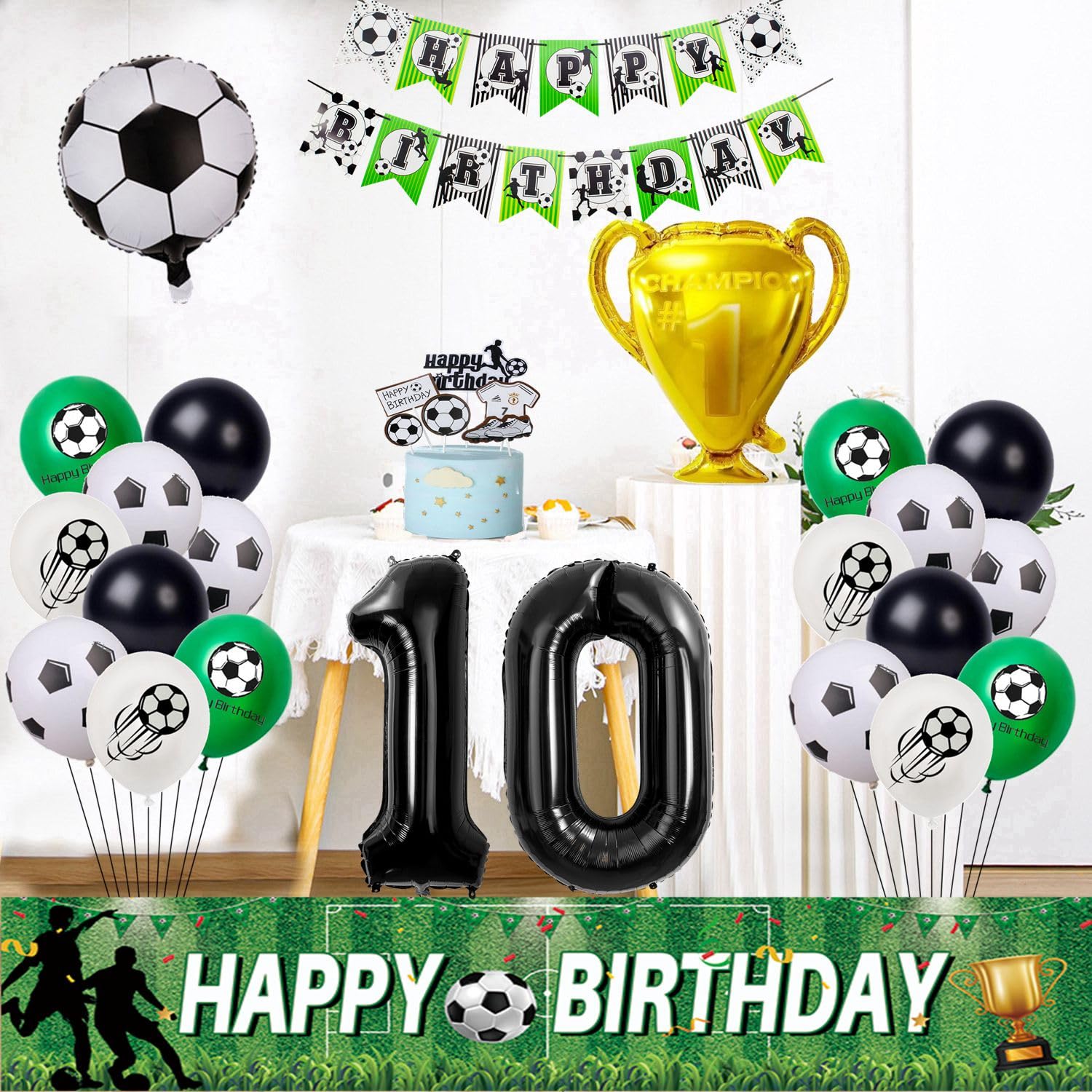 10e Voetbal Verjaardagsdecoratie Set – Ballonnen, Slinger & Taarttopper – Groen Thema Voor Jongens & Meisjes