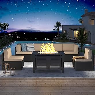 U-MAX 7 Piece Outdoor Patio Furniture Set with 43 Inch Fire Pit Table, PE Rattan Wicker Sofa Set, Outdoor Sectional Furniture Chair Set with Cushions and Tea Table, Black Rattan&Beige Cushion