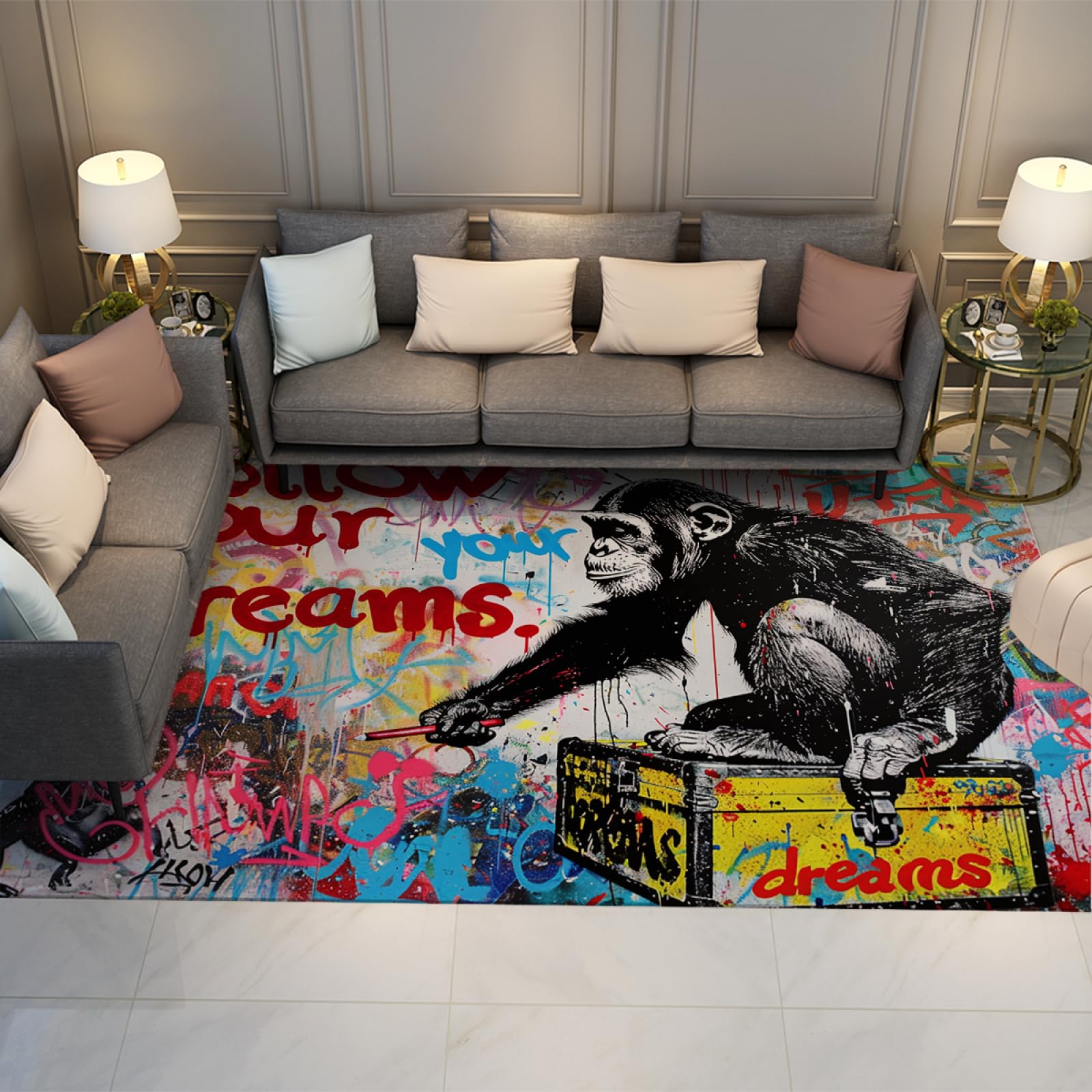 Tapis pour enfants chambre de jeux style Banksy gorille lavable
