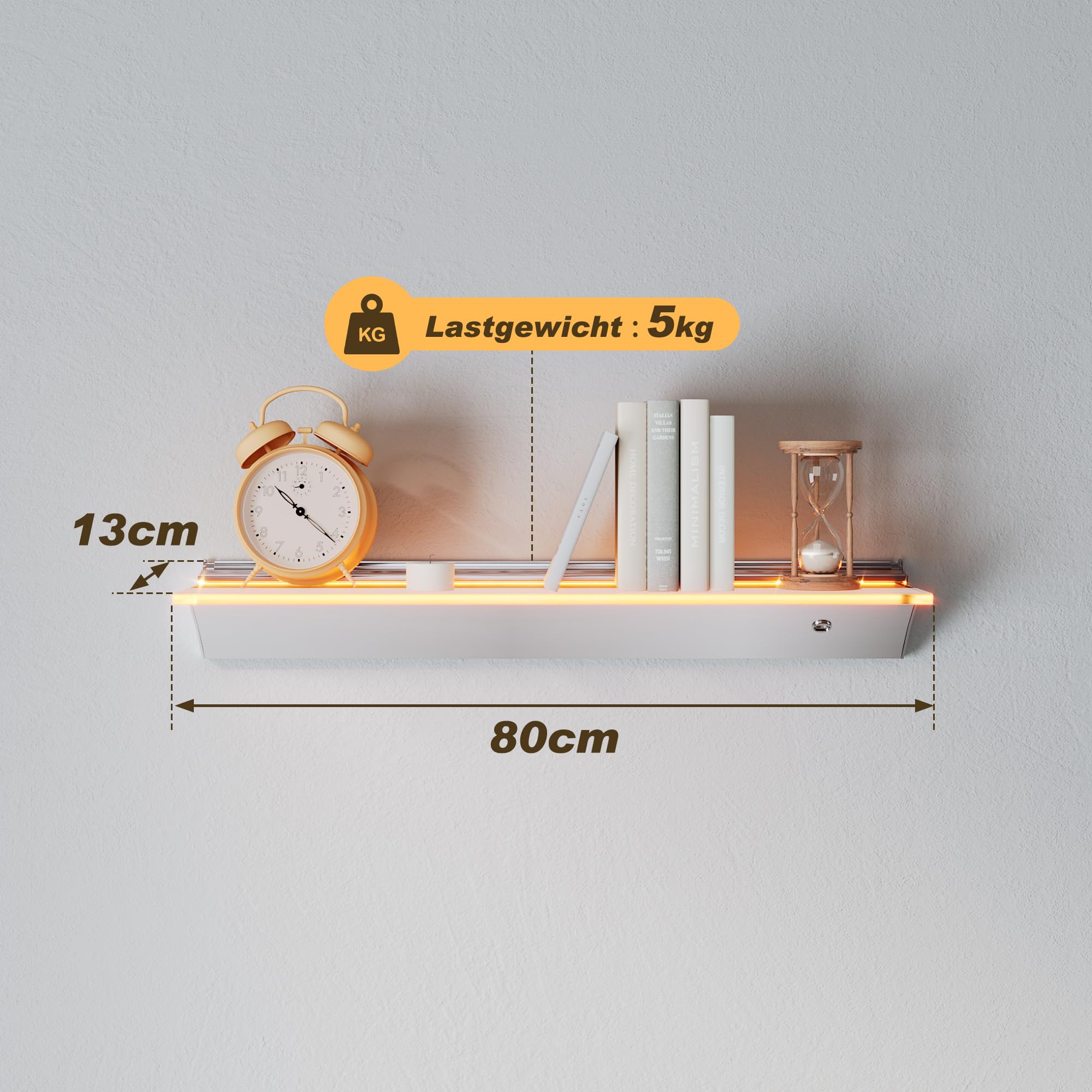 SONNI Regał ścienny LED, 80 cm, ze sterowaniem czujnikiem, 3 temperatury barwowe, bezstopniowe ściemnianie, 8 mm, hartowane szkło matowe i aluminium, do łazienki, sypialni, salonu