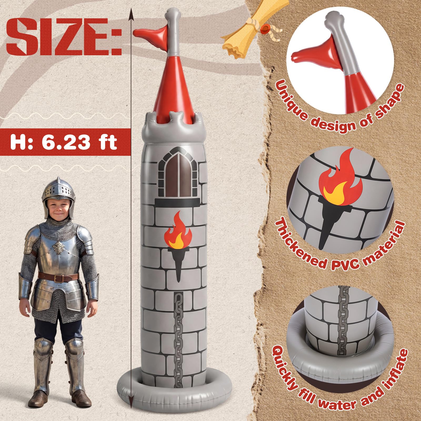 Skylety Lot de 2 décorations de fête d'anniversaire de 2 m, château gonflable pour jardin, intérieur et extérieur (gris, médiéval)