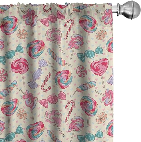 Miniatura 47 de Lunarable Cortinas de ventana mostaza, líneas curvas simétricas, rayas onduladas, damasco, diseño hippie retro, pastel, decoración ligera, juego de