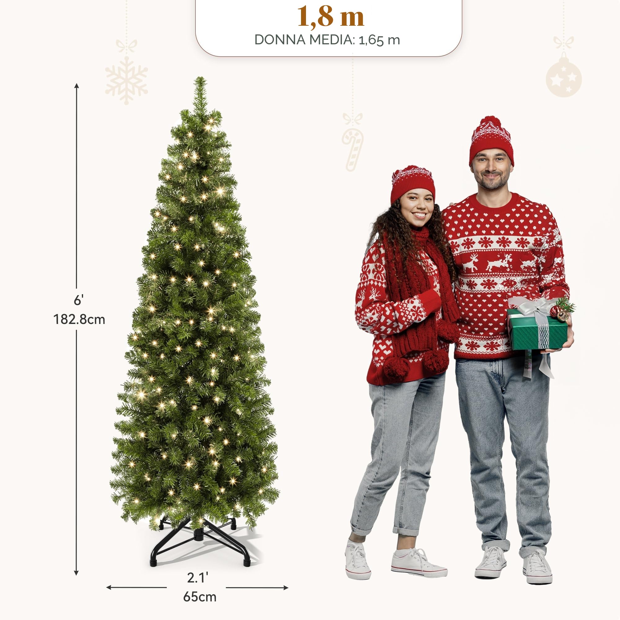 YITAHOME Albero di Natale Artificiale Sottile 182 cm con 200 Luci LED, ca. 700 Punte, Albero di Natale Realistico con Telaio Pieghevole & Supporto in Metallo, 182 x Φ65 cm
