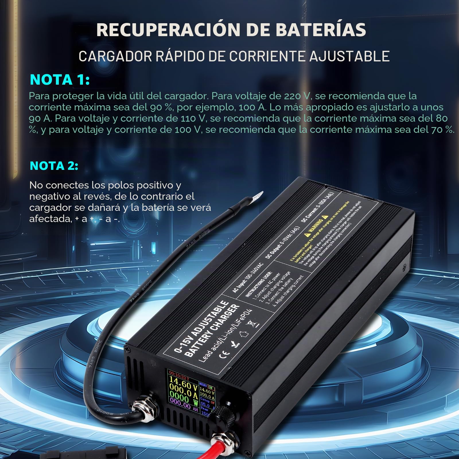 Cargador de Batería LiFePO4 12V/14.6V 60A con Gran Pantalla LED Inteligente, Adecuado como Cargador para baterías de automóvil, Motocicleta, cortacésped, yate y Barco