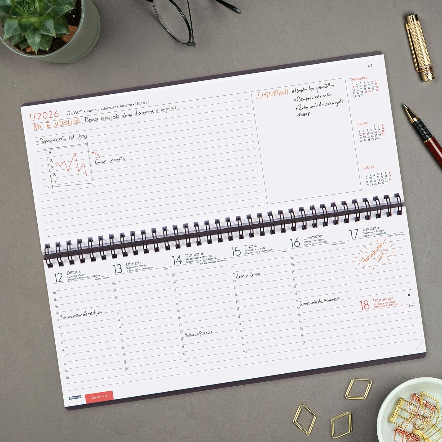Finocam - Planner Agenda + Notes Week to View 2026 Week View + Notes January 2026 - December 2026 (12 months) Catalan Grey