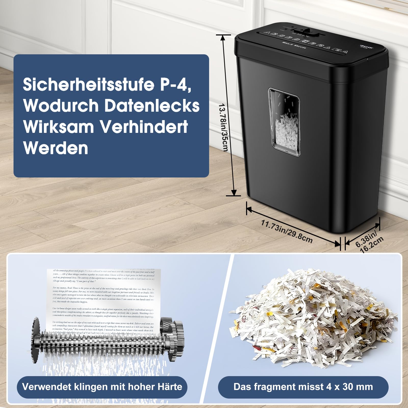 Aktenvernichter, 6-Blatt Kreuzschnitt Papierschredder mit P-4 Geheimhaltungsstufe, 13L Papierkorb mit Sichtfenster und Tragegriff, zerkleinert Kreditkarte, Überhitzungsschutz für Home Office(Schwarz)