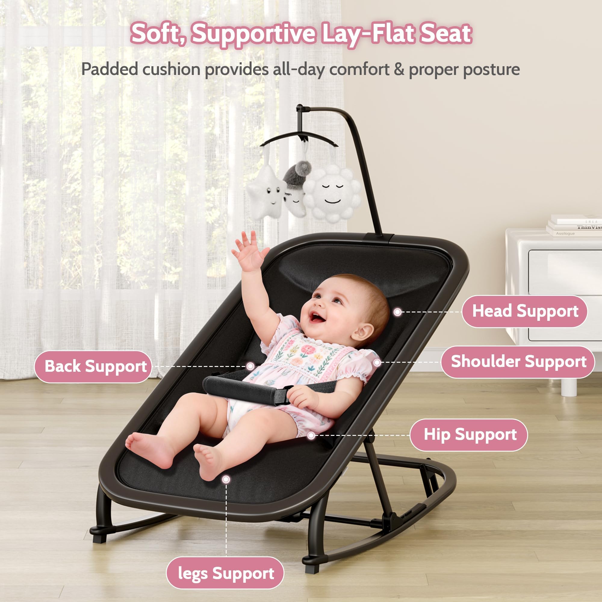Garvee Silla Mecedora para Bebé 0-12 Meses - Hamaca Infantil Plegable con Respaldo 3 Posiciones, Barra de Juegos, Arnés 5 Puntos, Funda Desmontable, Estructura Aluminio Ligera - Negro