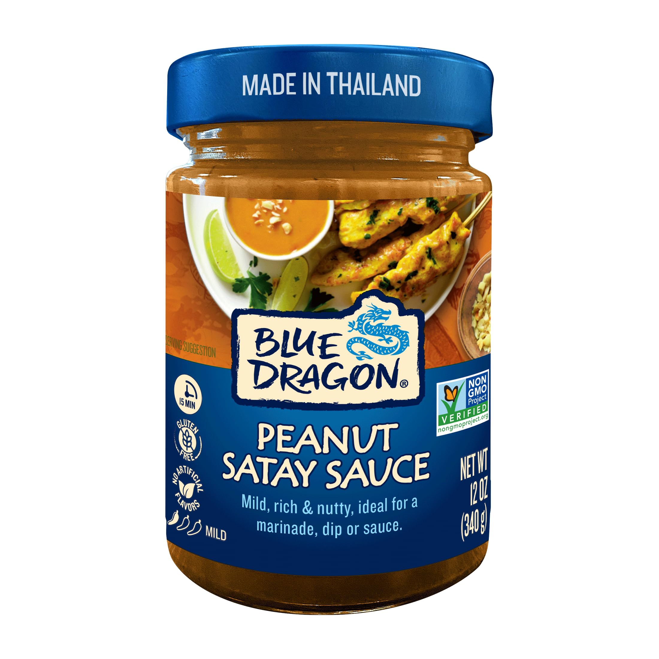 Blue Dragon Peanut Satay Sauce - 12oz Jar (Pack of 6) - Mild, Rich, Nutty and Ready-to-Use Cooking Sauce for Marinades, Dips, Stir-Fries and Noodle Bowls - Vegan and Gluten-Free, No Artificial Flavors