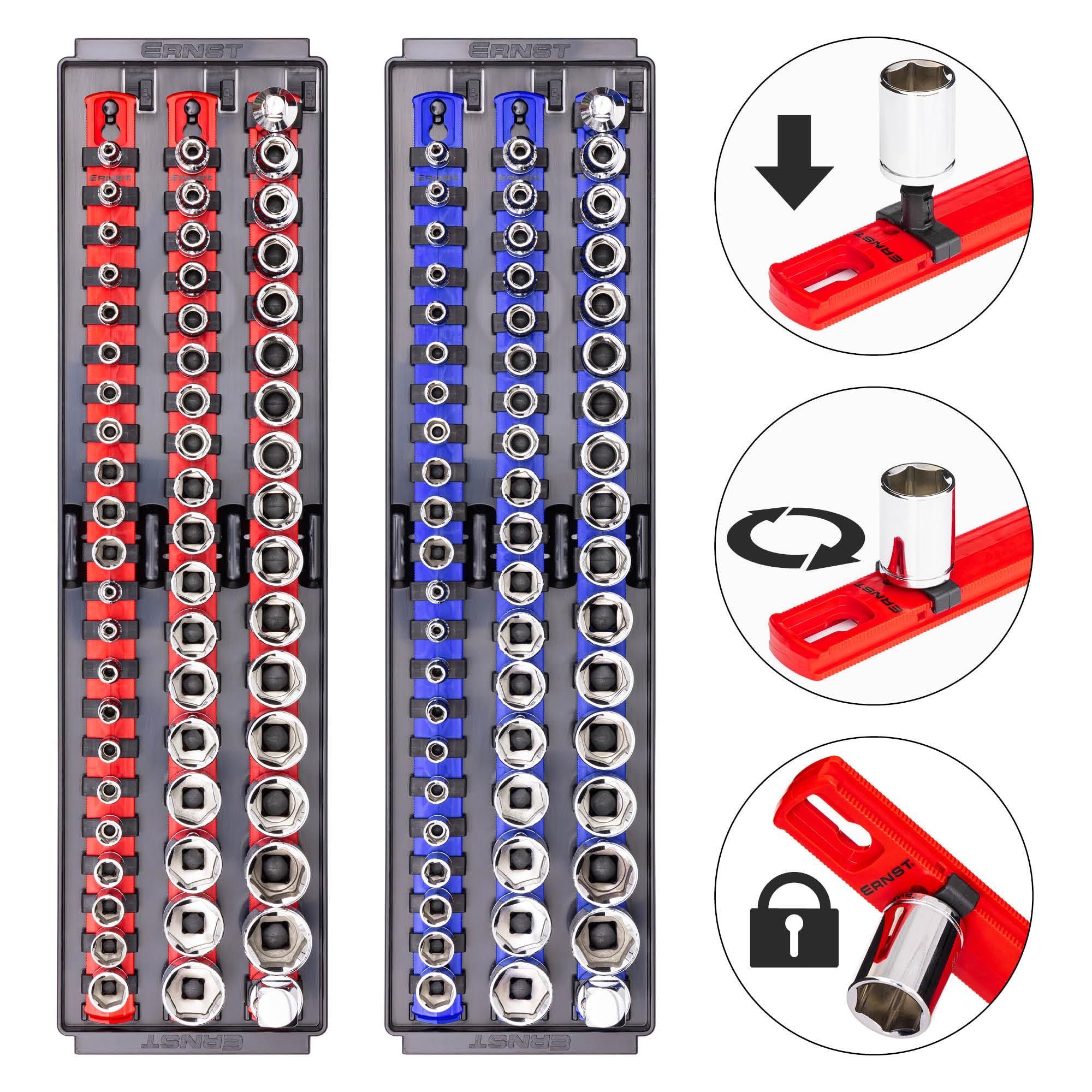 Ernst Manufacturing 2 Pack of Socket Boss with 18" Rails, 1 Red & 1 Blue for Complete Multiple Drive Size Socket Organization, Holds 114 Sockets - Made in USA (Patented) — Amazon image 2