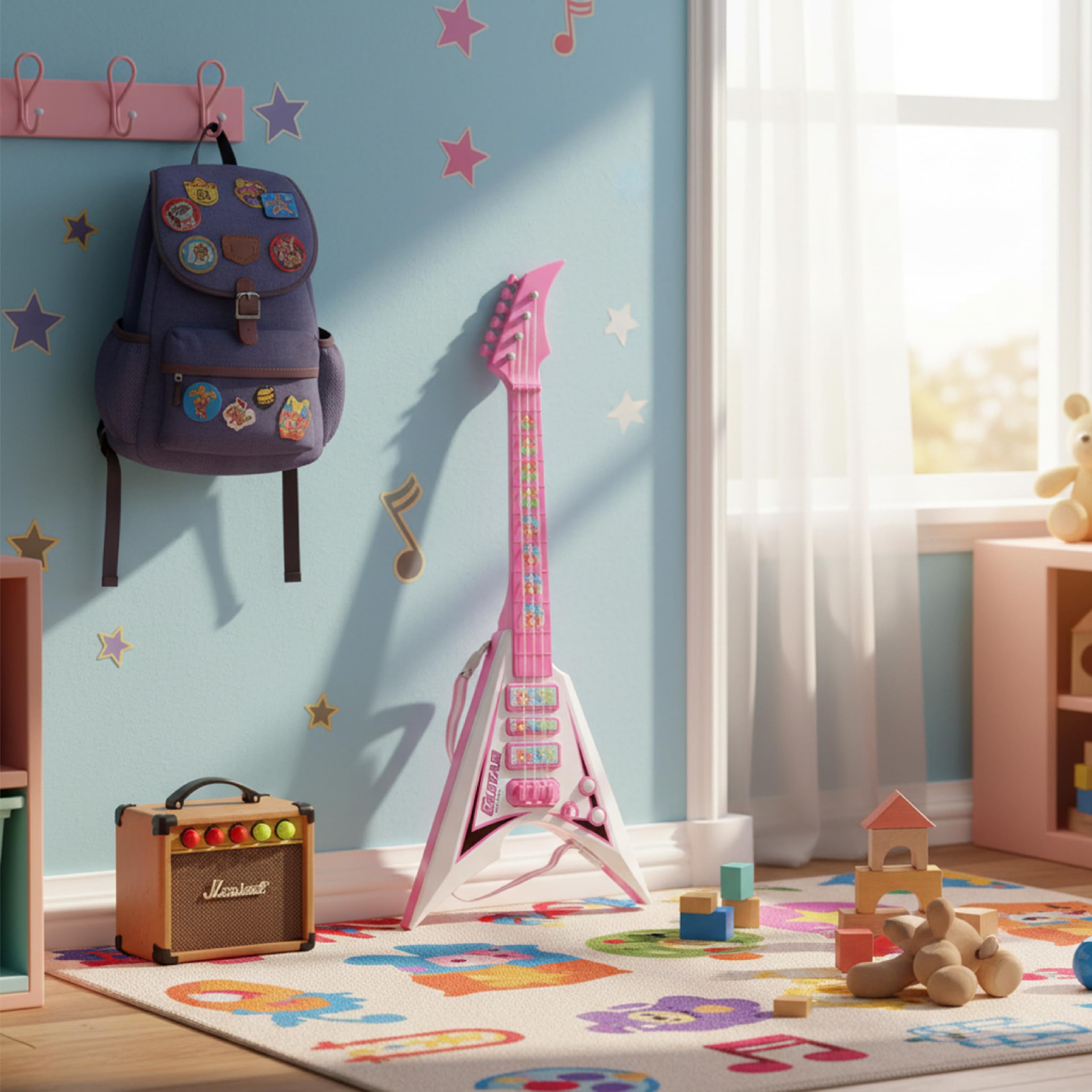 Baroni Toys Chitarra per Bambin e Bambini, 3+ Anni con Luci, Giocattolo Musicale con Effetti Sonori e Luminosi, Chitarra Elettrica Musicisti, Rosa, 22x5.5x55cm