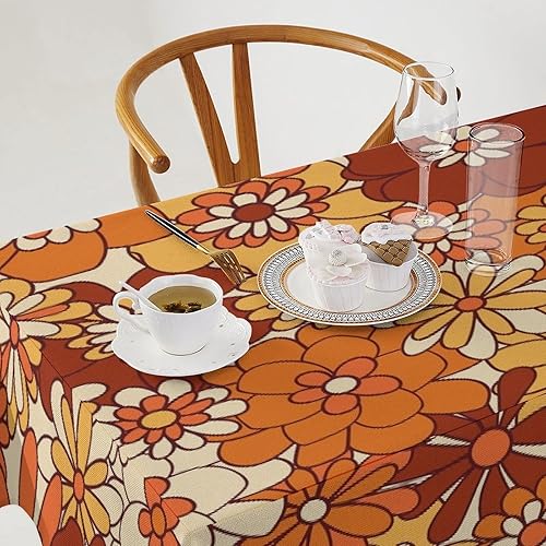 Miniatura 523 de Mantel floral hippie, diseño retro de los años 70, naranja, rosa, azul, floral, bohemio, estampado estético de margaritas, para fiesta, picnic
