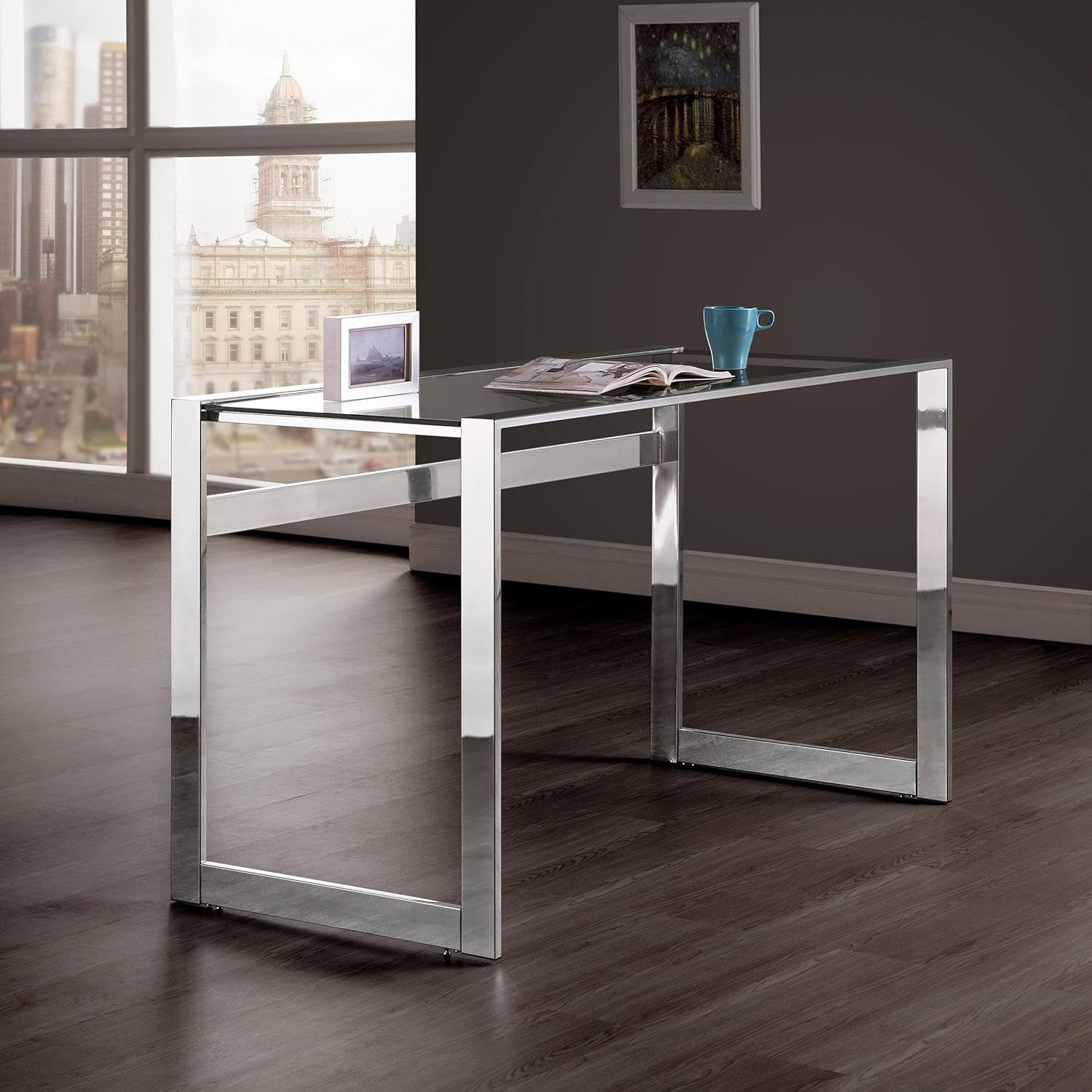 Coaster Home Furnishings – Hartford – Metal & Glass – 47-Inch Rectangular Glass Top Writing Desk with Contemporary Style and Plastic Glides – Home Office & Living Room – Chrome - 800746