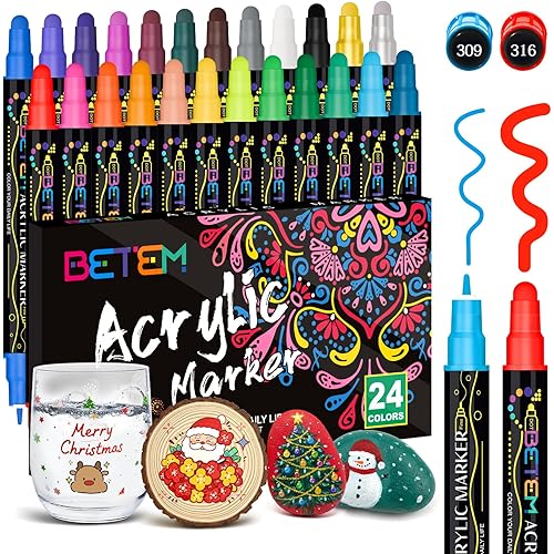 Betem 24 Colors Dual Tip Acrylic Paint Pens Markers, Premium Water-Based Acrylic Paint Markers for Fabric, Rock, Wood, Glass, Paper, Canvas, Ceramic, Fabric Paint Markers DIY Crafts Art Supplies Kit