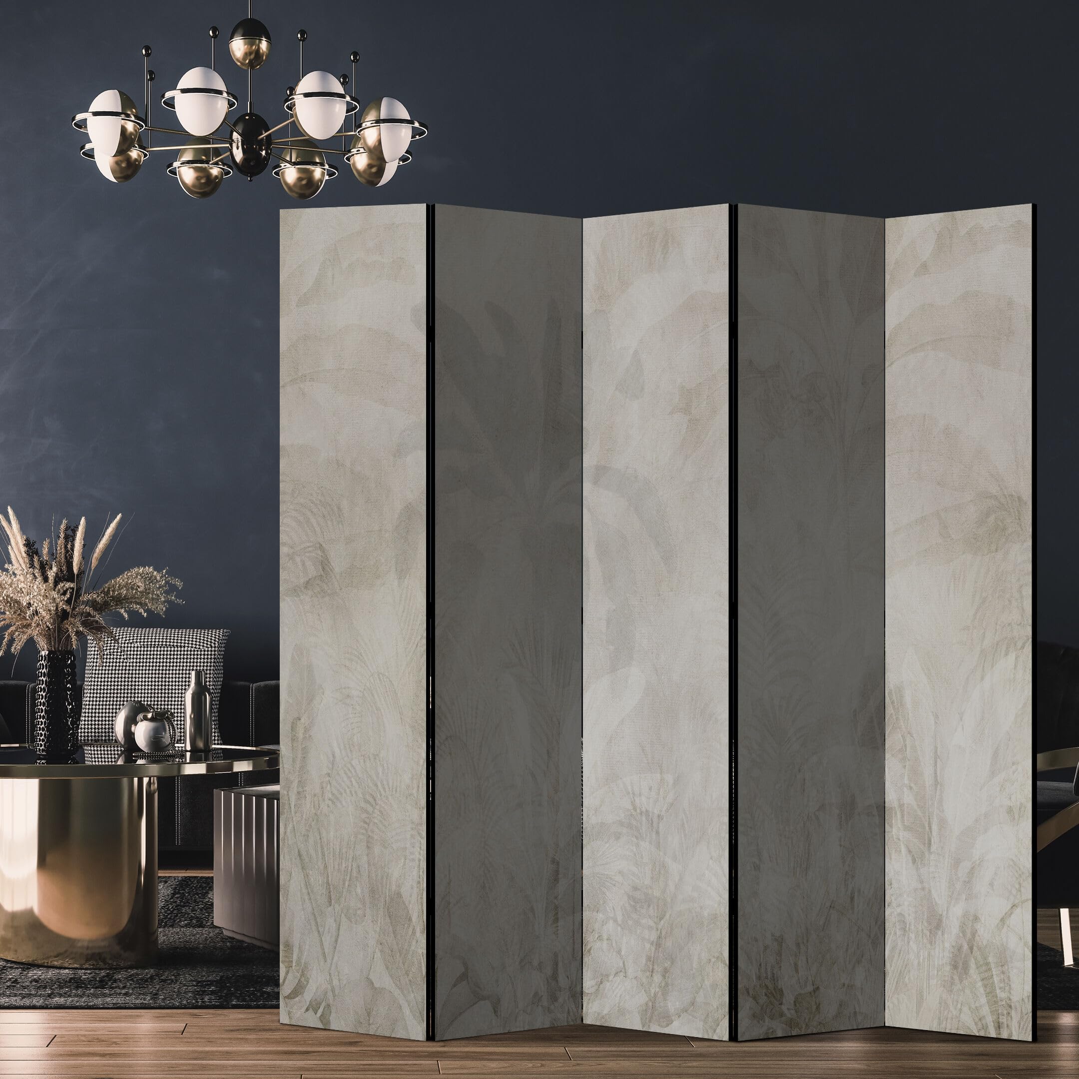Separe Divisorio Interno Bifacciale - Paravento da Interno 5 Pannelli Divisorio per Ambienti - Divisori per Interni con Motivo Feuilles - 225x172 cm