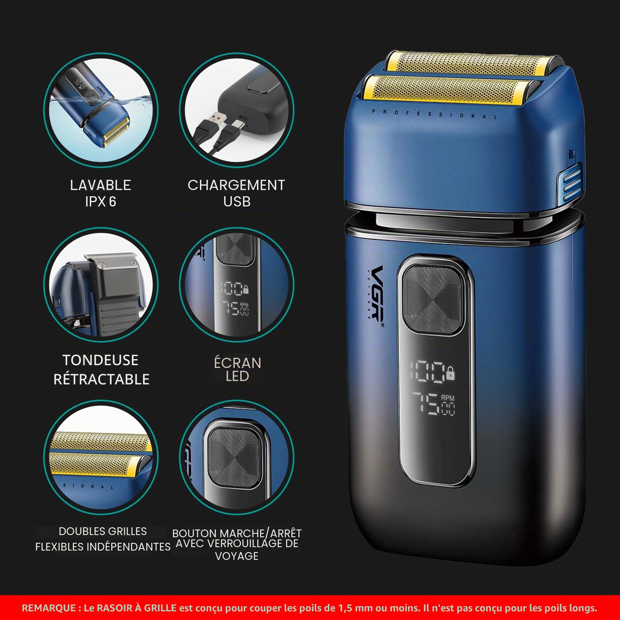 VGR Rasoir électrique pour homme – 7500 tr/min – Tondeuse pop-up – Batterie rechargeable USB-C de 120 minutes – Rasoir sans fil pour homme – Rasoir sans fil pour homme, visage, cheveux, barbe, cou