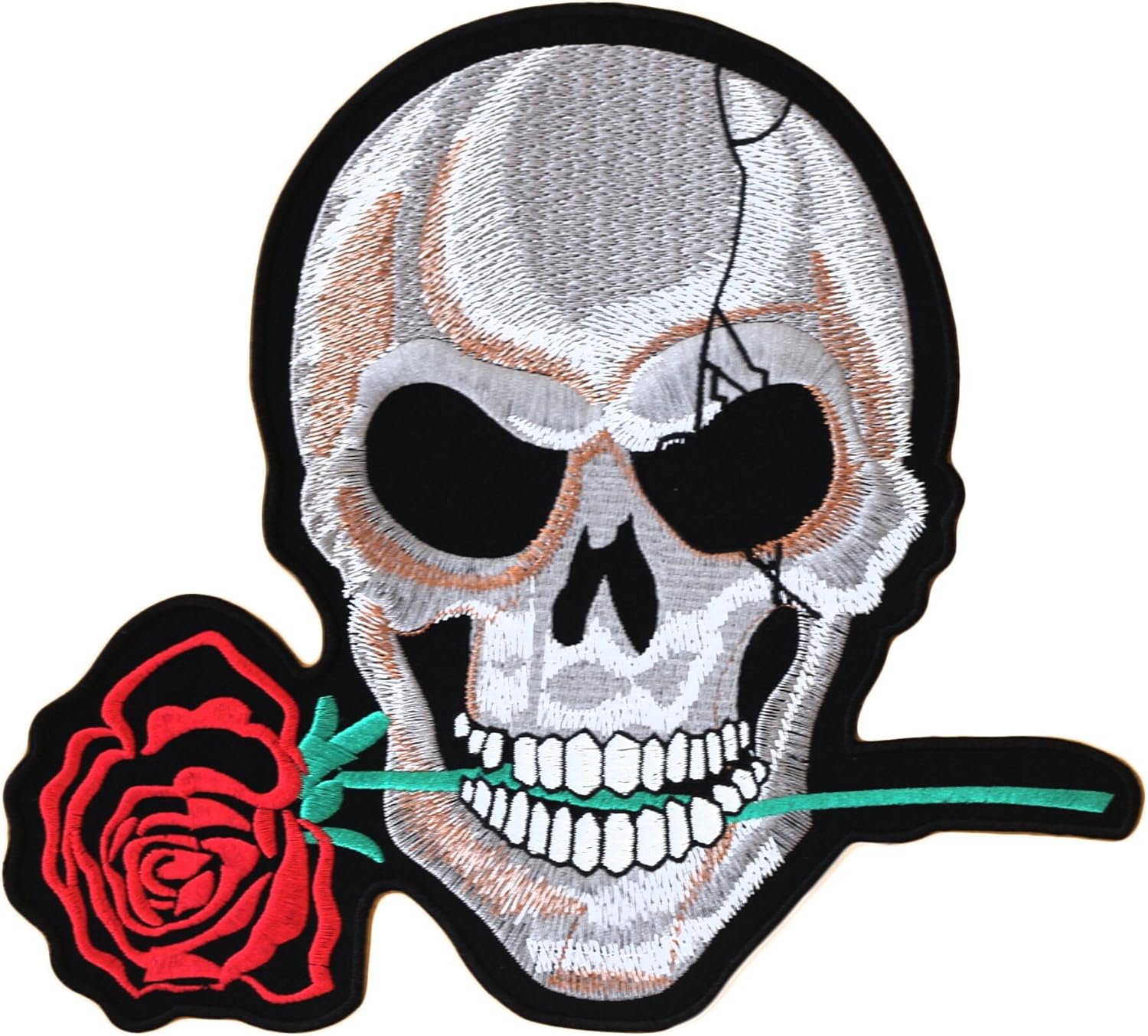 Big XL Iron on Patch Skull with Red Rose " 22.4 cm x 24.5 cm