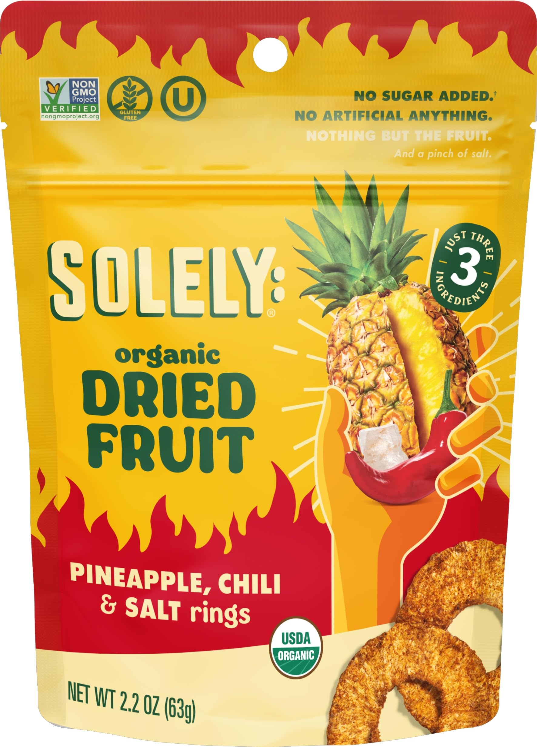 SOLELY - Organic Dried Pineapple, Chili, & Salt Rings (2.2 oz Resealable Bags, Pack of 4) - Real Fresh Fruit - 3 Ingredients - Healthy Snacks - Non GMO, Vegan Snacks, Shelf Stable - 4 Bags (8.8 oz)