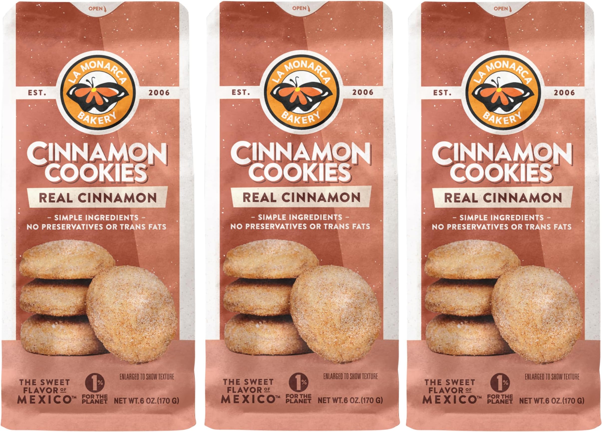 Cinnamon Cookies, 6 Ounce (Pack of 3), Mexican Shortbread Cookies Lightly Dusted with Cinnamon and Sugar by La Monarca Bakery