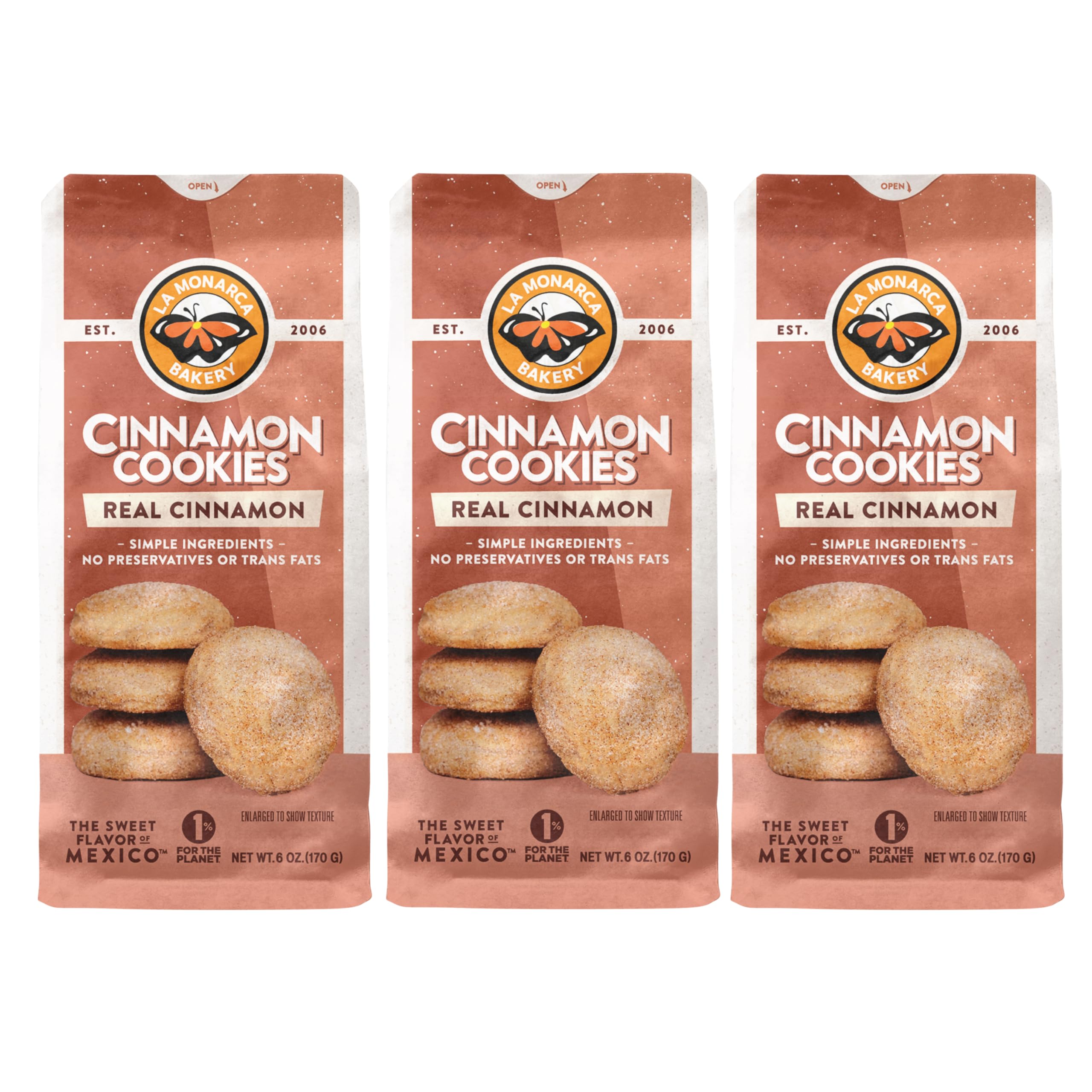 Cinnamon Cookies, 6 Ounce (Pack of 3), Mexican Shortbread Cookies Lightly Dusted with Cinnamon and Sugar by La Monarca Bakery