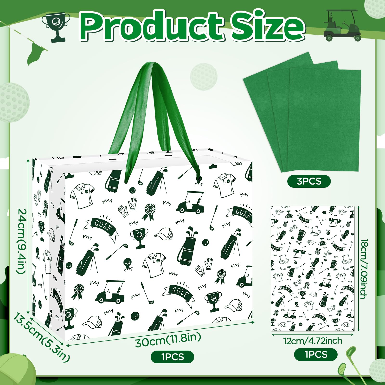 Wayyogh Golf Gift Bag for Boys & Men - Golf Theme Birthday Gift Wrapping Bag with Tissue Paper, Greeting Card, Decorations - Sports Party Favors - Green, 30 x 24 x 13.5cm