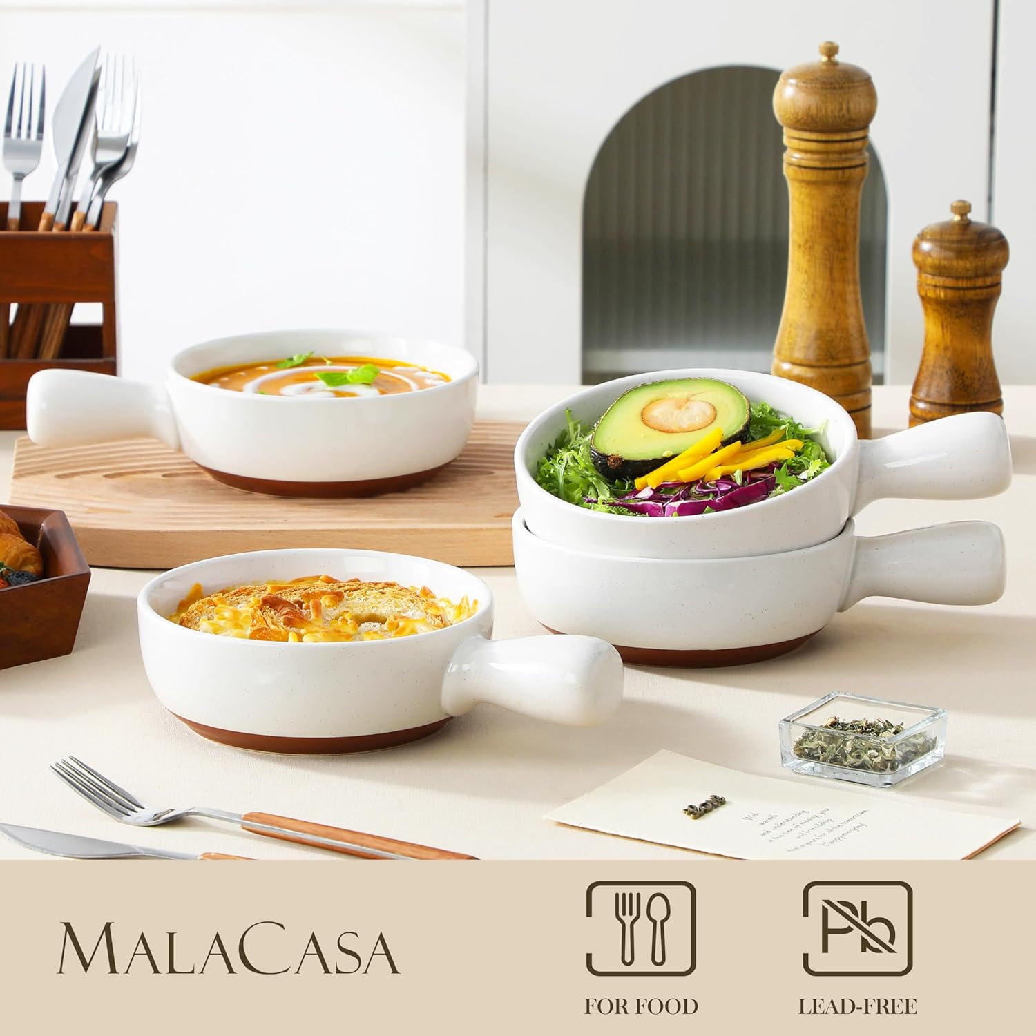MALACASA 23 Oz French Onion Soup Bowls With Handles, Ceramic Soup Crocks for Cereal, Pasta, Beef Stew, Chilli, Oven Microwave Dishwasher Safe, Set of 4, White, Series TARA - Image 3