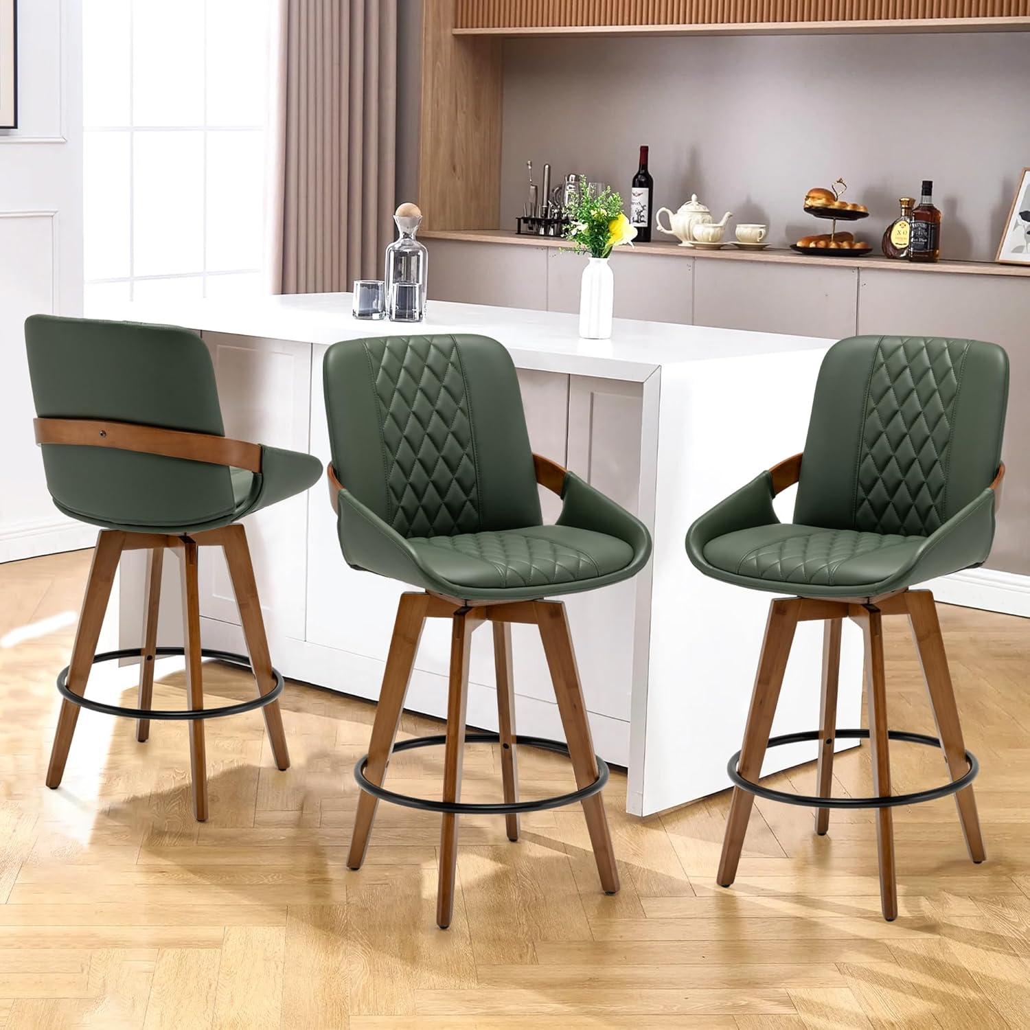 Counter Stools Set of 3, Mid Century Modern Retro Swivel Bar Chairs, Furniture with Curved Back, Faux Leather Upholstered and Walnut Wood Frame for Bar/Pub/Island (Green, 26.3"-3 PCS)