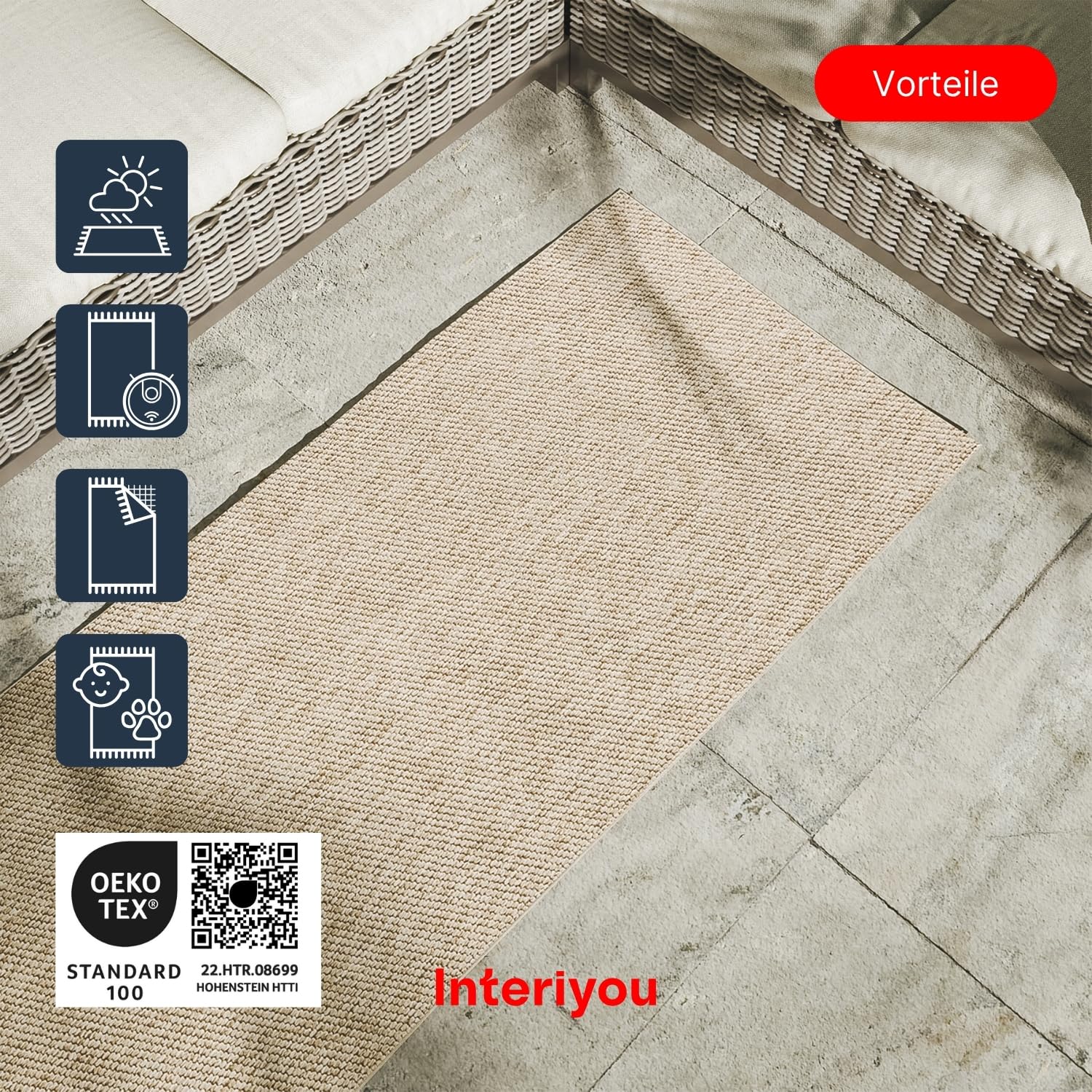 Interiyou Outdoor Teppich Wetterfest Asti - Läufer 80x300 cm Taupe - Jute Optik - Wasserfest für Balkon, Terrasse, Garten - Outdoorteppich passend auch für Wohnzimmer, Schlafzimmer und Küche