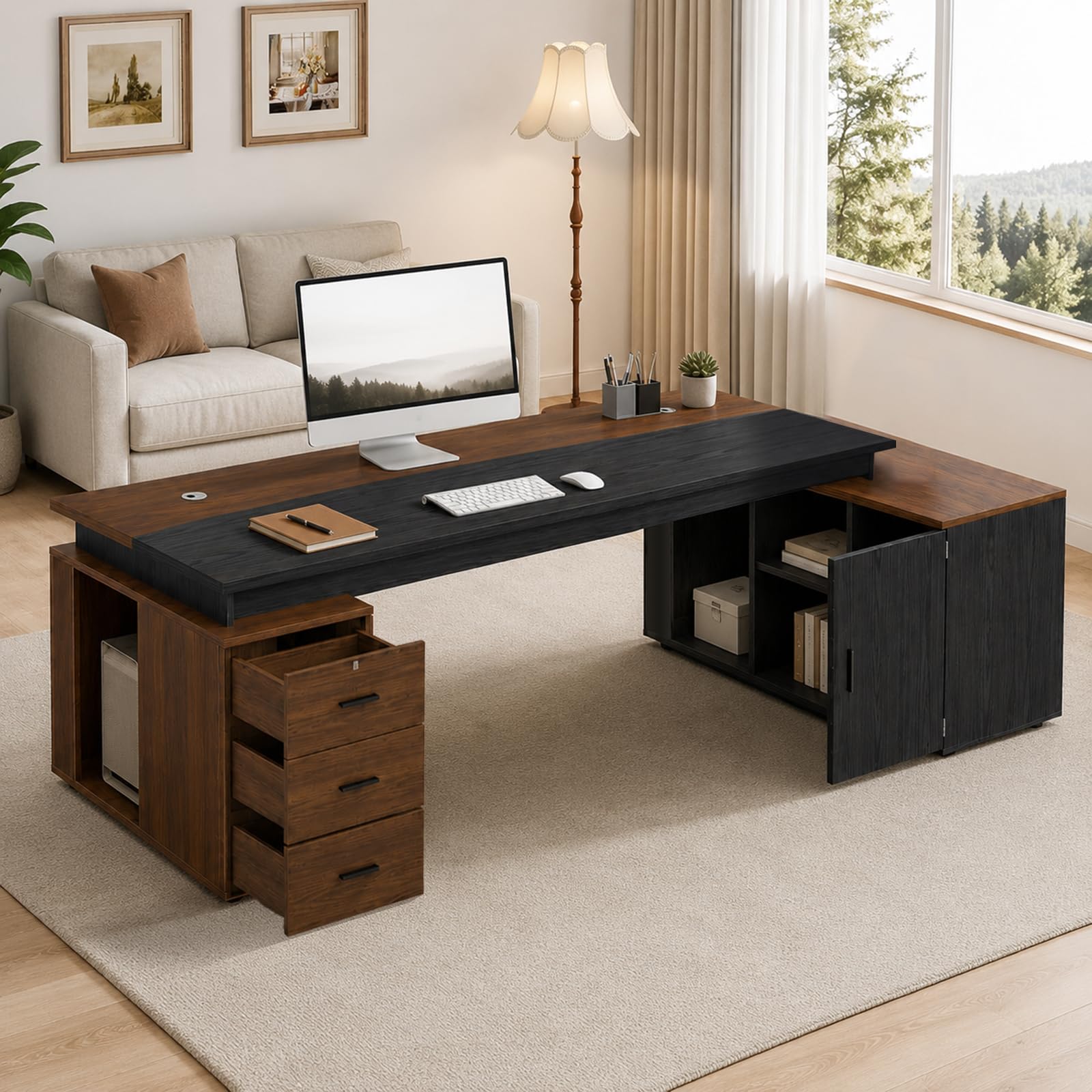 Escritorio Ejecutivo en L con Armario de Almacenamiento y 3 Cajones, Mesa de Oficina con Gestión de Cables, Escritorio para Ordenador con Estantes y Espacio para CPU, Mueble de Oficina Moderno