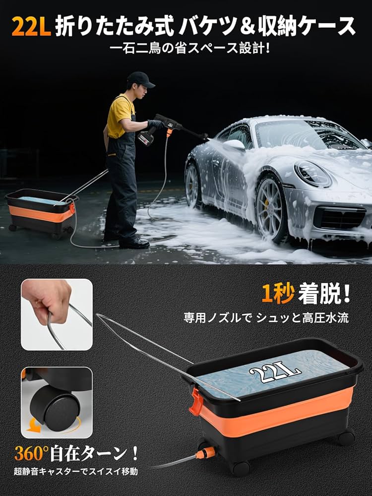 コードレス高圧洗浄機 22L折り畳みバケツ付 8MPa 48V 互換性バッテリー Amazon | 高圧洗浄機 コードレス【22L折り畳みバケツ・20000mAh