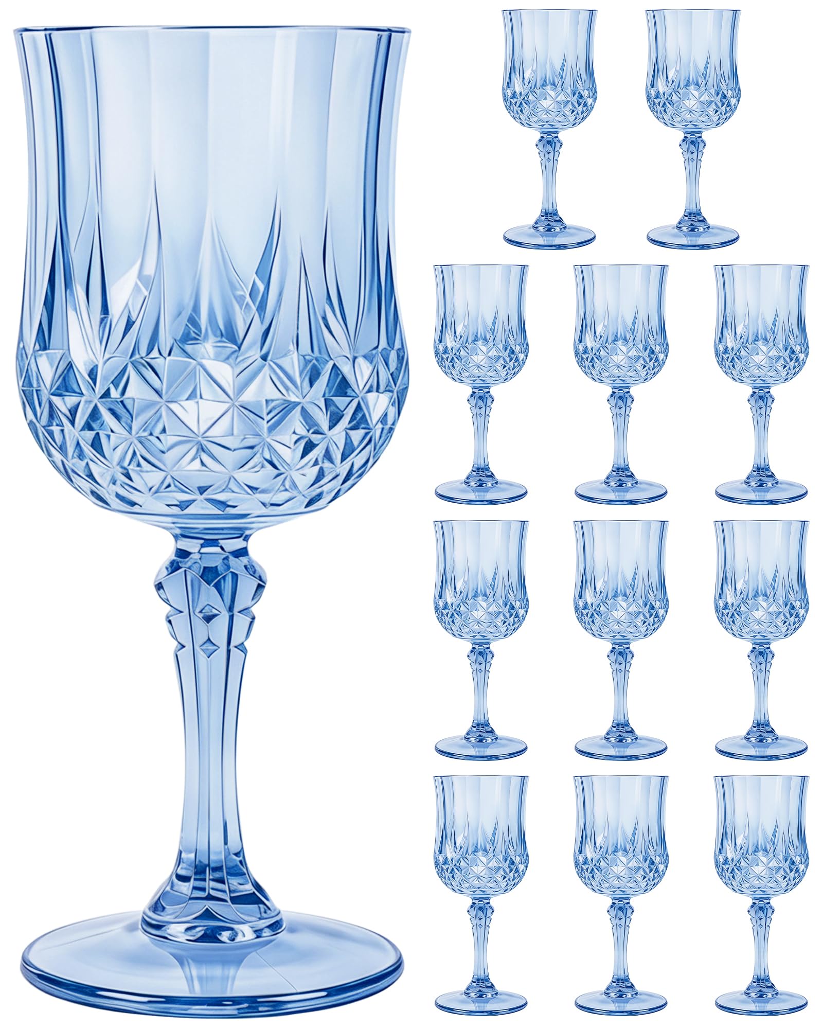 XYUNE 12 Pcs Plastic Wine Glasses, Blue Vintage Water Goblets 200ml Reusable Disposable Unbreakable Drinking Cups Bulk for Wedding Party Event