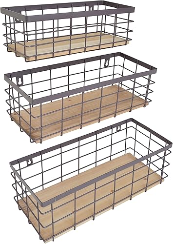 Vista 20 de Cesta de alambre de metal desmontable con base de madera, organizador de almacenamiento, cubos pequeños para armarios de cocina, baño, despensa